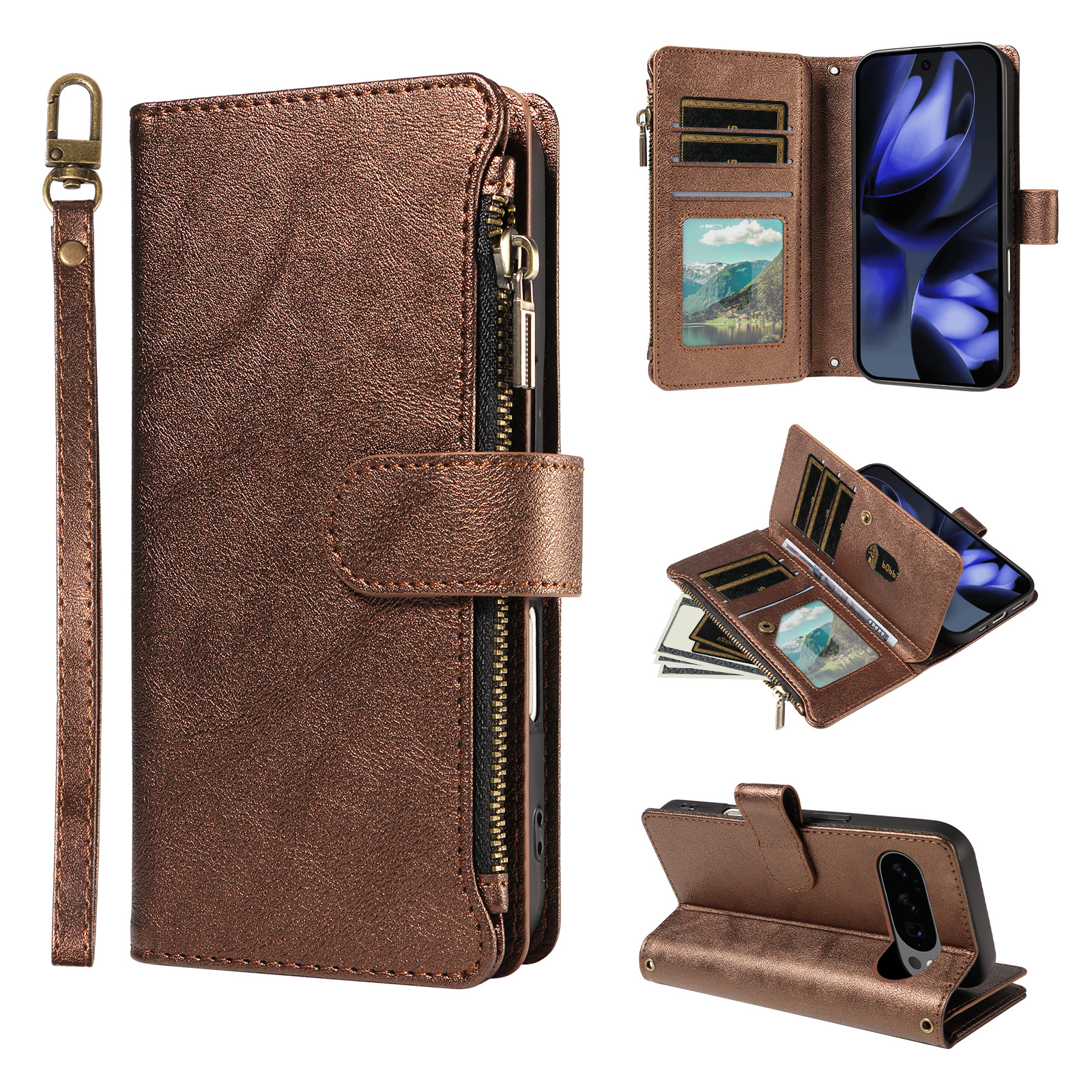 For Google Pixel 10 Pro Leather Case 9 Card Slots Zipper Pocket Phone Cover with Wrist Strap - Brown