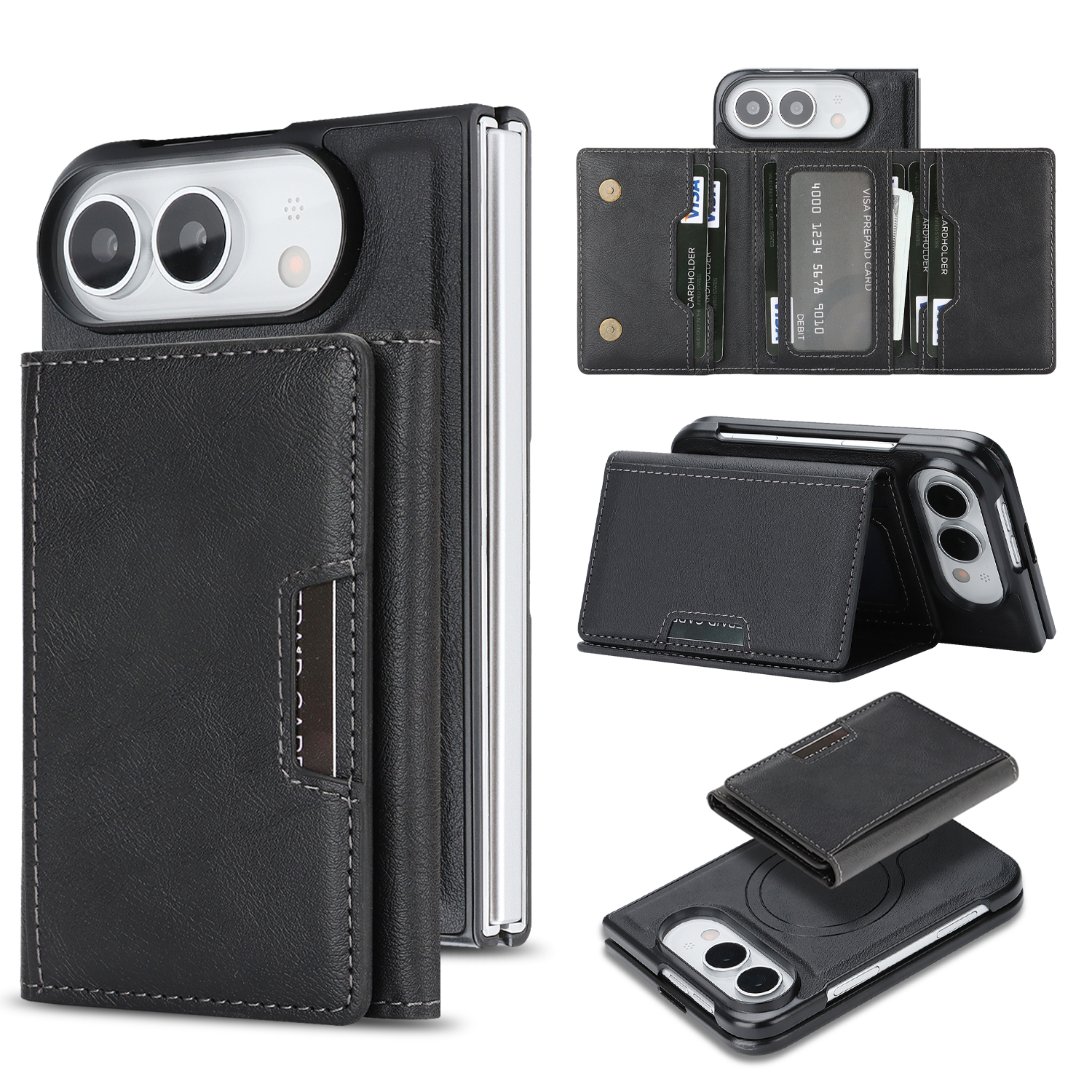 For iPhone Duo Magnetic Case Tri-fold Card Bag Kickstand PU Leather Coated TPU Cover - Black