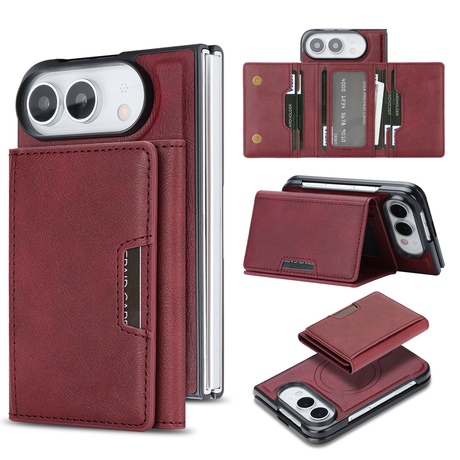 For iPhone Duo Magnetic Case Tri-fold Card Bag Kickstand PU Leather Coated TPU Cover - Red