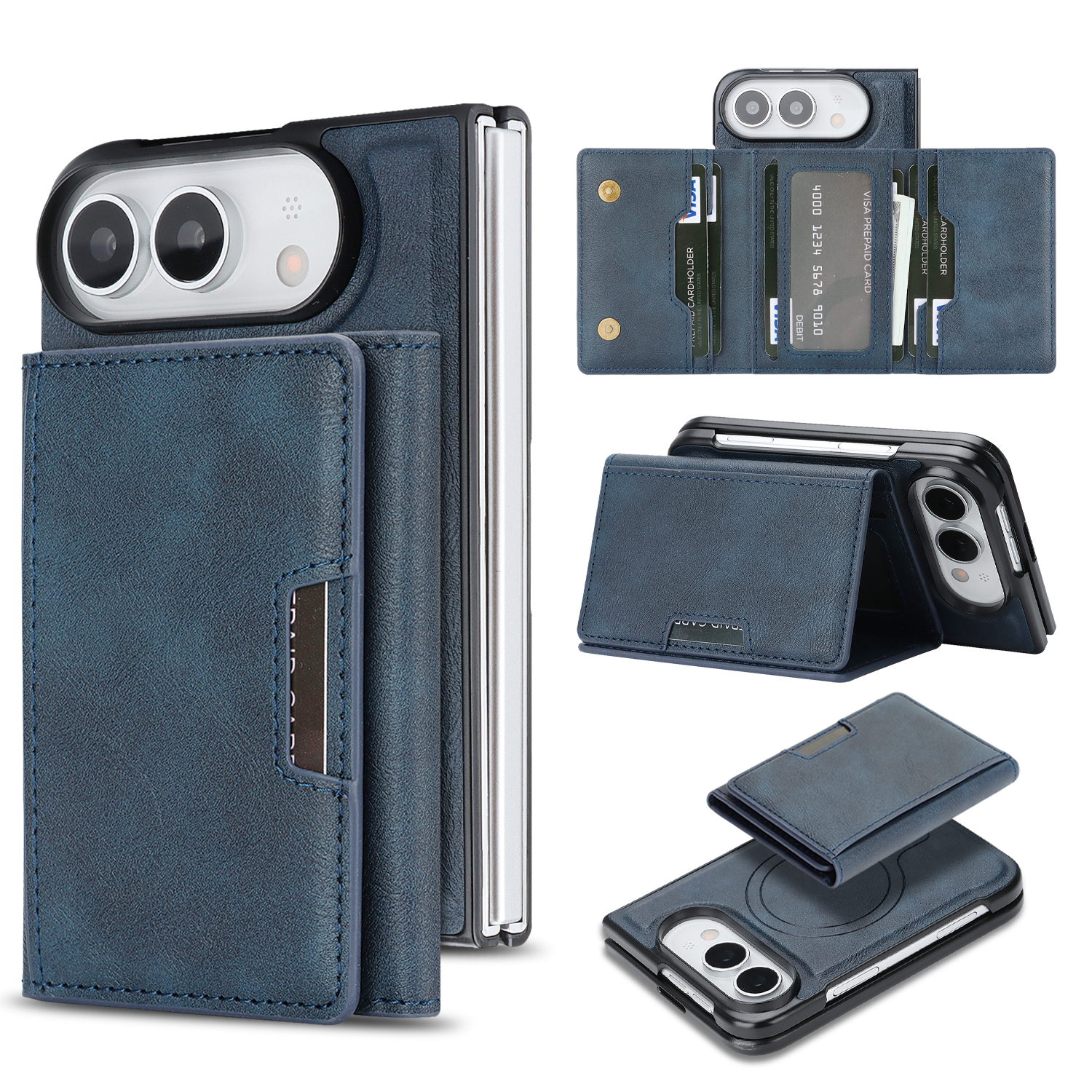 For iPhone Duo Magnetic Case Tri-fold Card Bag Kickstand PU Leather Coated TPU Cover - Blue