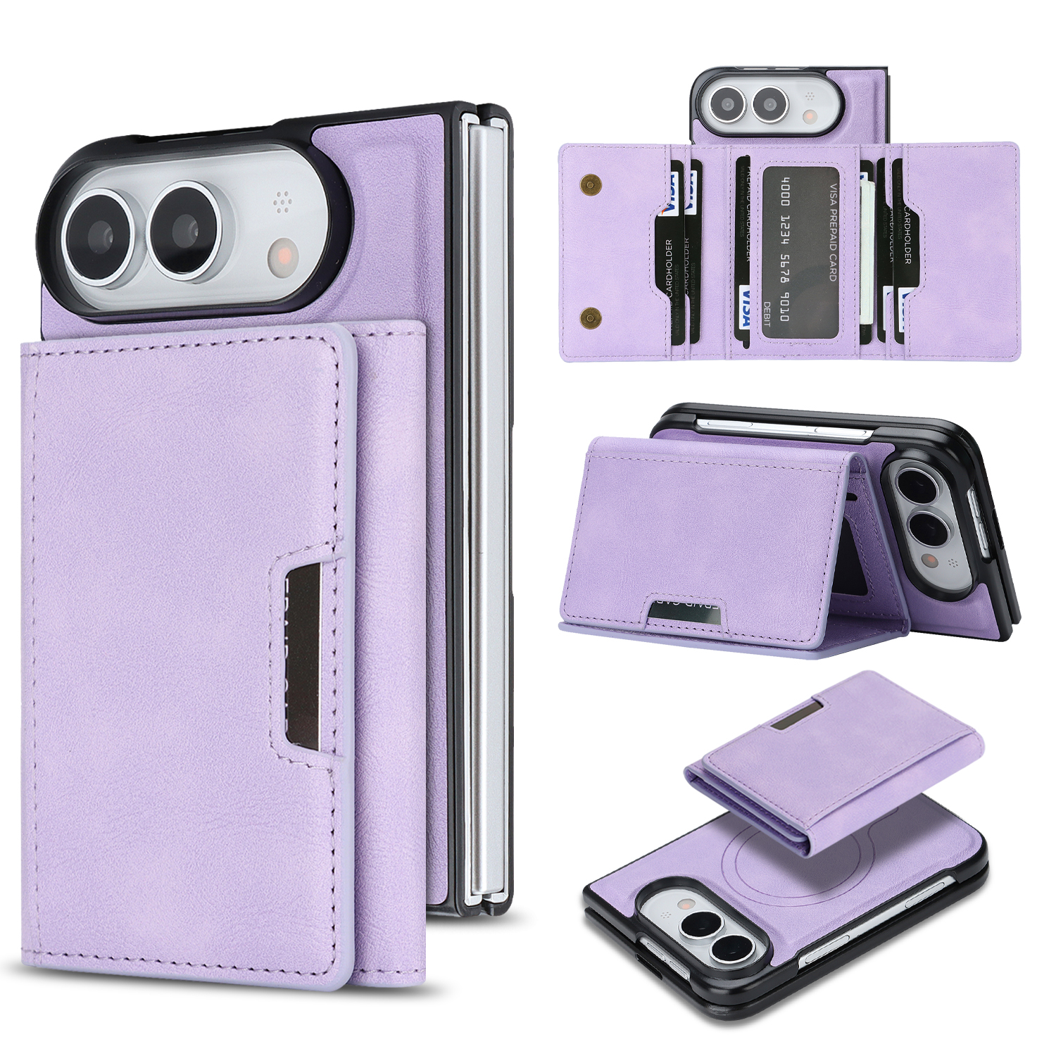 For iPhone Duo Magnetic Case Tri-fold Card Bag Kickstand PU Leather Coated TPU Cover - Purple