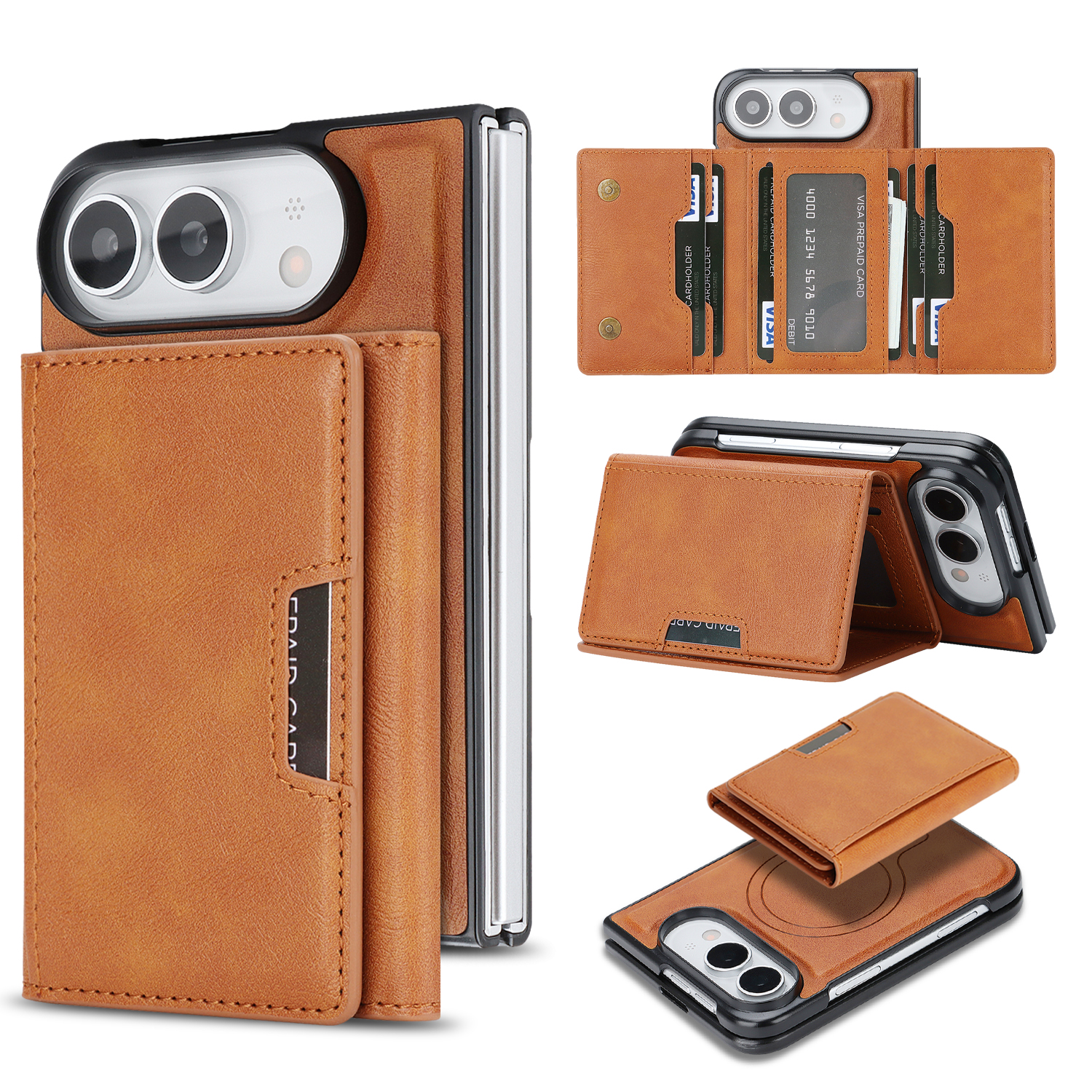 For iPhone Duo Magnetic Case Tri-fold Card Bag Kickstand PU Leather Coated TPU Cover - Brown