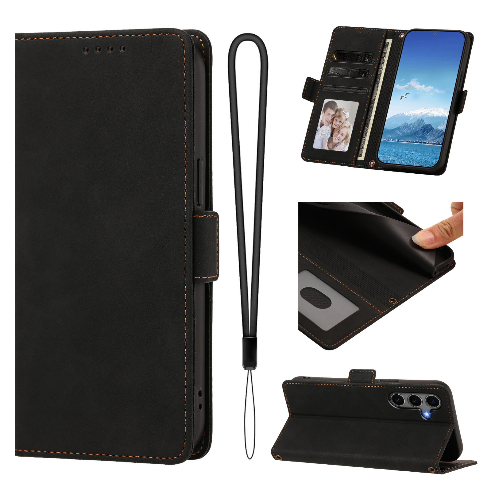 For Samsung Galaxy S24+ / Galaxy S25+ Case Skin-touch PU Leather Flip Wallet Phone Cover with Wrist Strap - Black