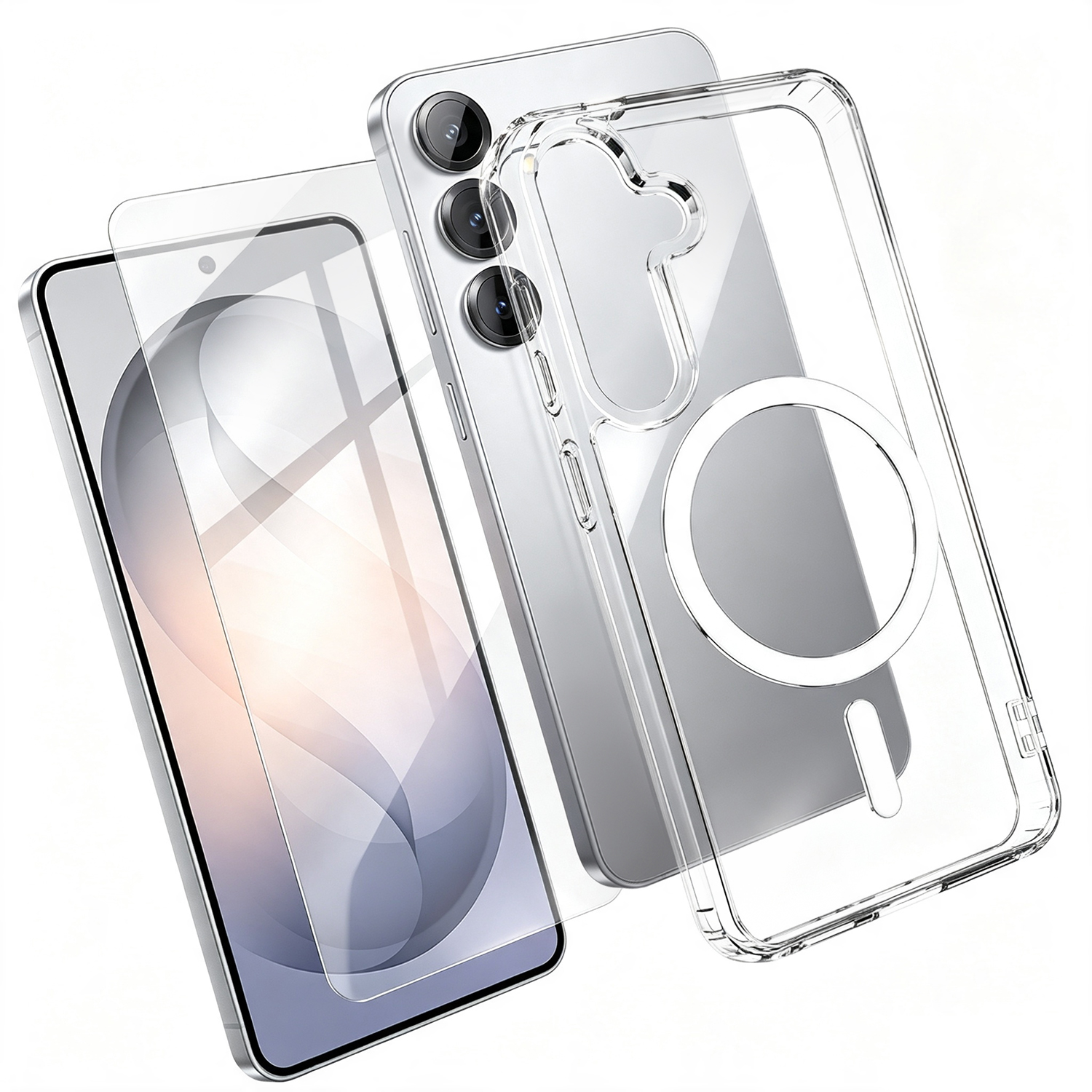 For Samsung Galaxy S24+ Magnetic Case TPU+PC Transparent Phone Cover with High Aluminium-silicon Glass Screen Protector - Transparent
