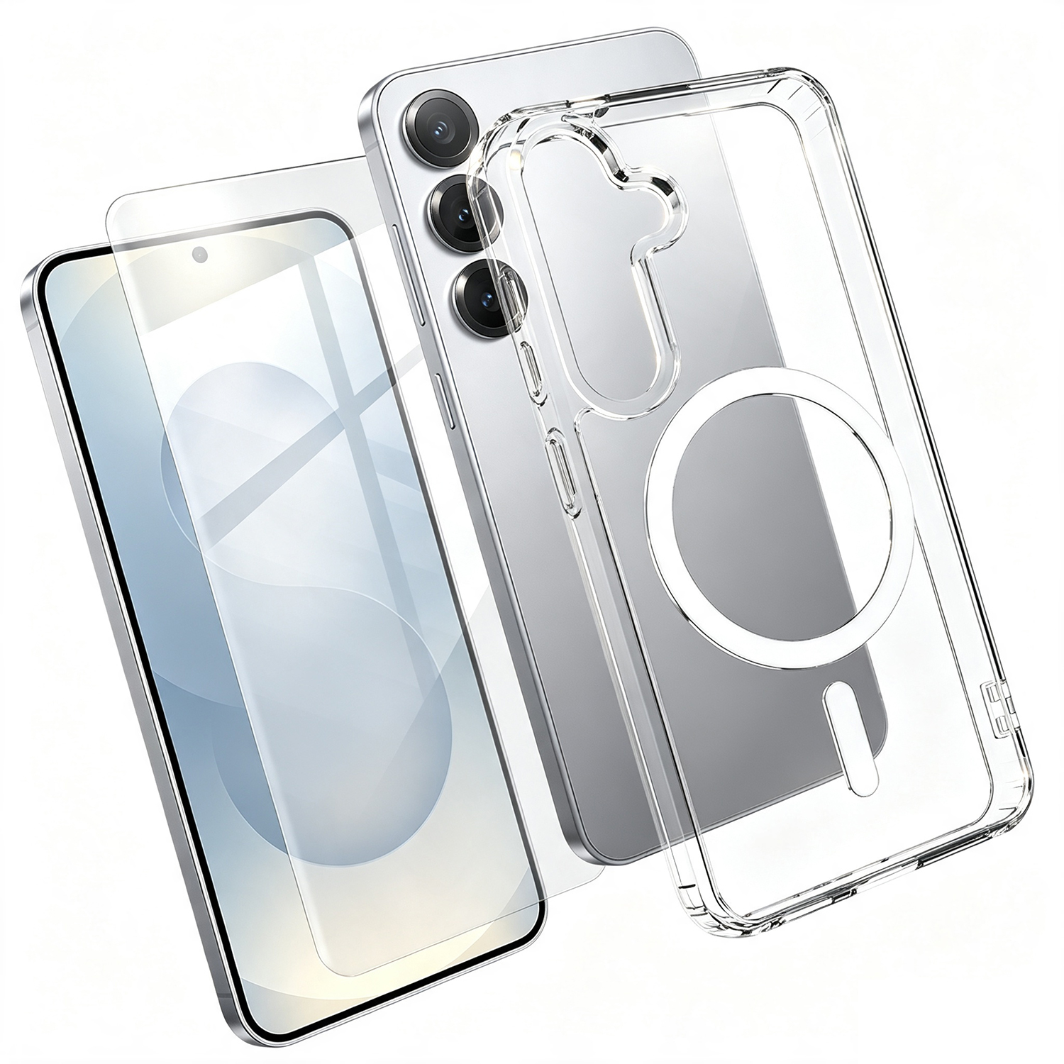 For Samsung Galaxy S25+ Magnetic Case TPU+PC Transparent Phone Cover with High Aluminium-silicon Glass Screen Protector - Transparent