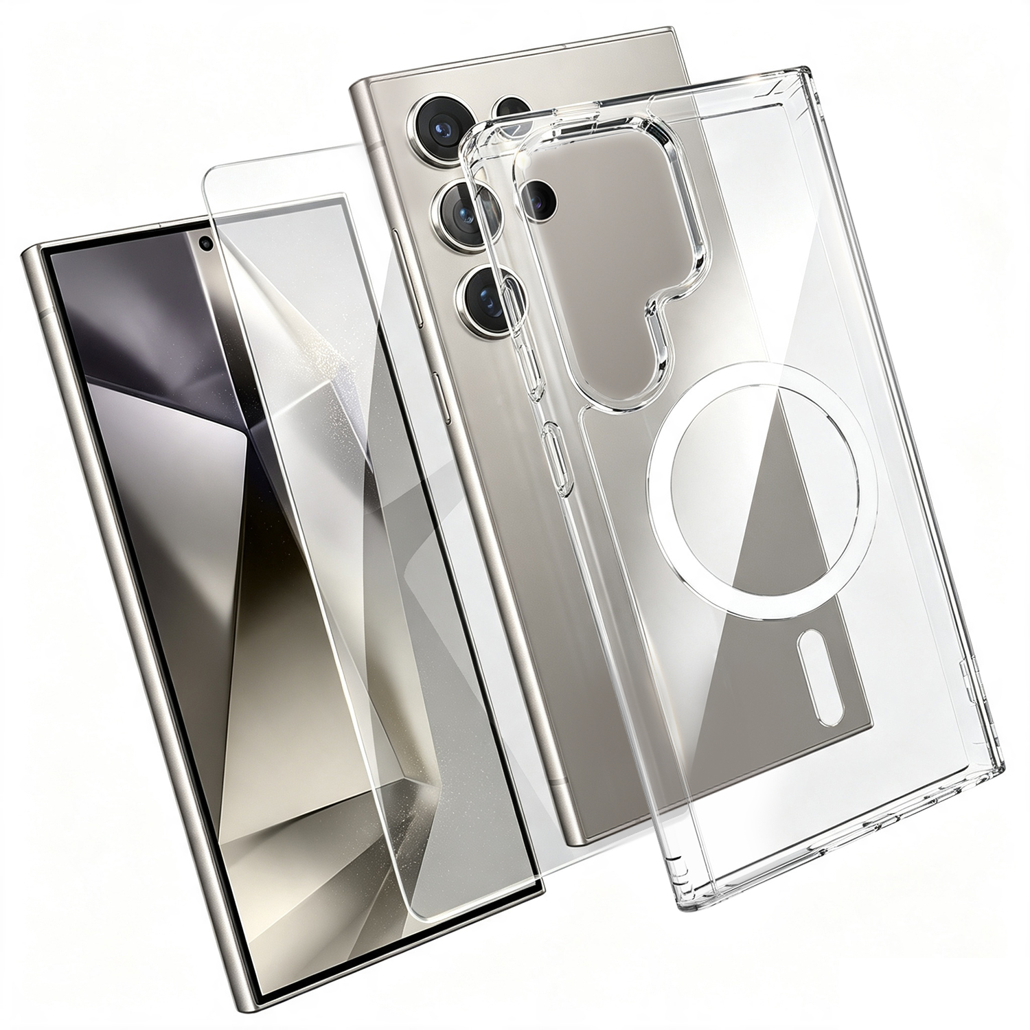 For Samsung Galaxy S24 Ultra Magnetic Case TPU+PC Transparent Phone Cover with High Aluminium-silicon Glass Screen Protector - Transparent