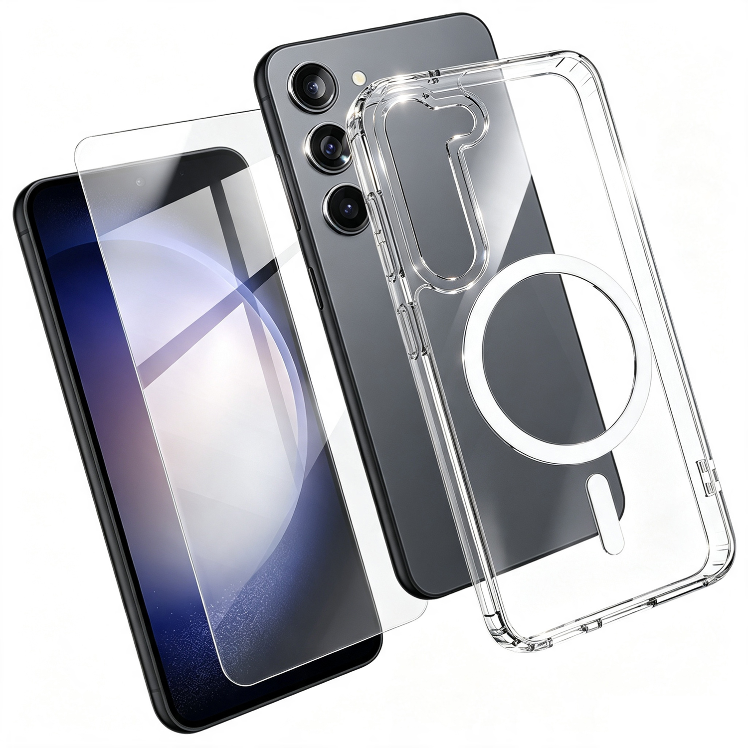 For Samsung Galaxy S23 Magnetic Case TPU+PC Transparent Phone Cover with High Aluminium-silicon Glass Screen Protector - Transparent