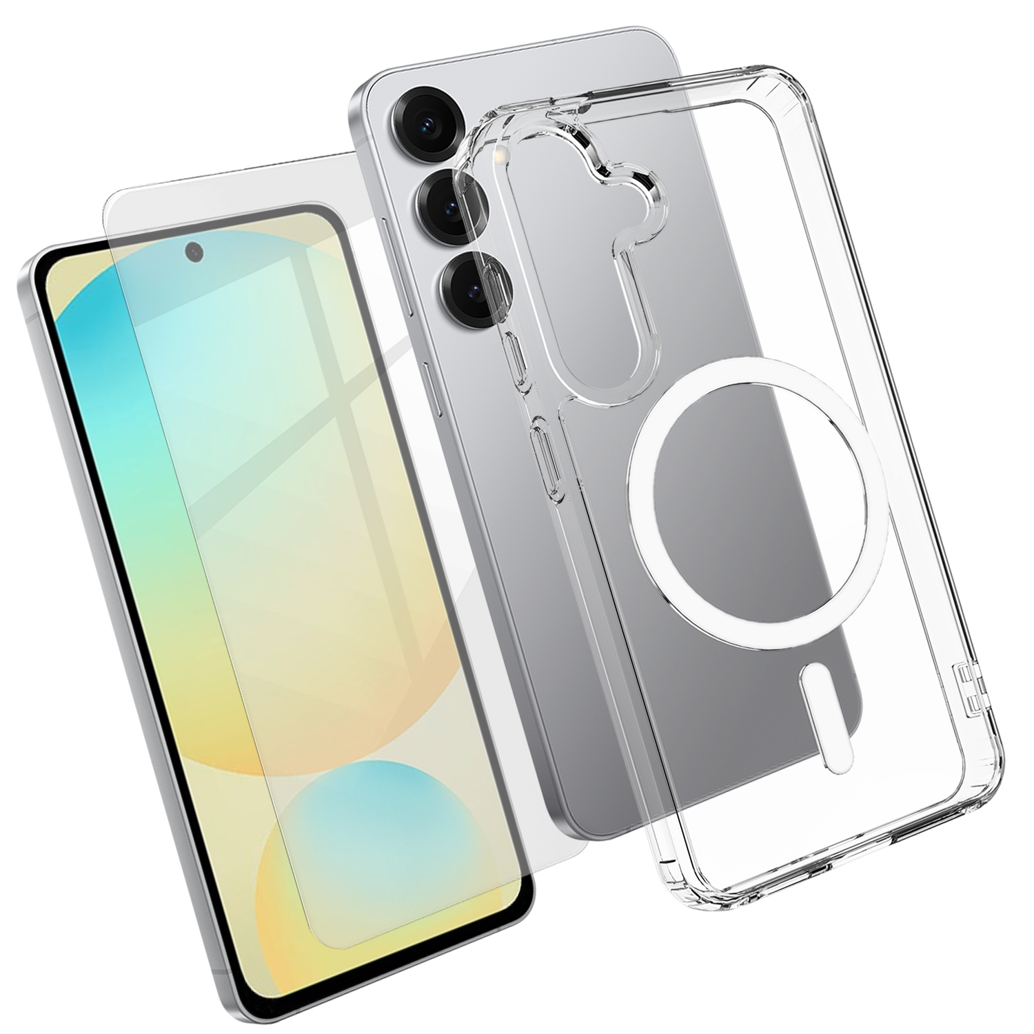 For Samsung Galaxy S24 FE Magnetic Case TPU+PC Transparent Phone Cover with High Aluminium-silicon Glass Screen Protector - Transparent
