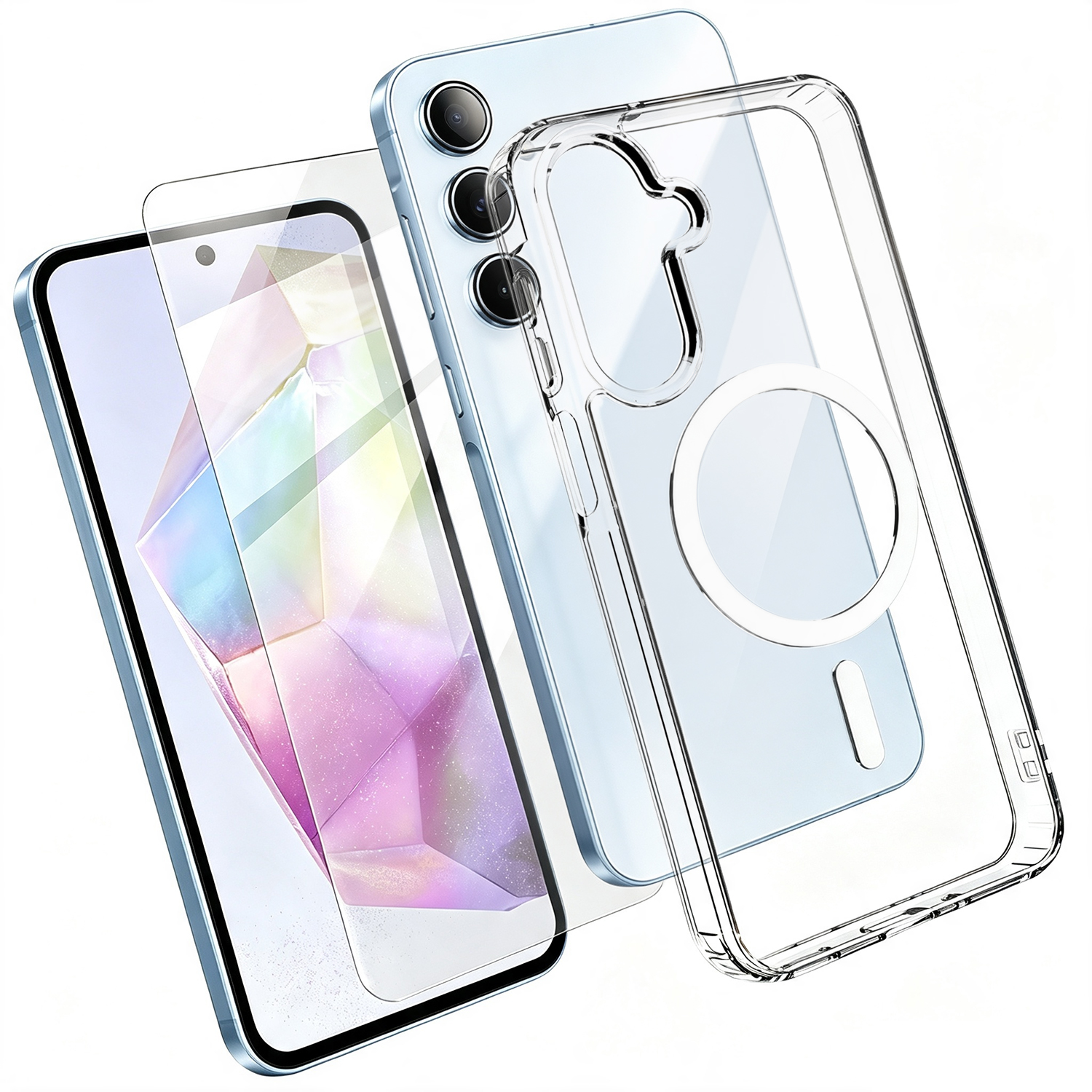 For Samsung Galaxy A35 5G Magnetic Case TPU+PC Transparent Phone Cover with High Aluminium-silicon Glass Screen Protector - Transparent