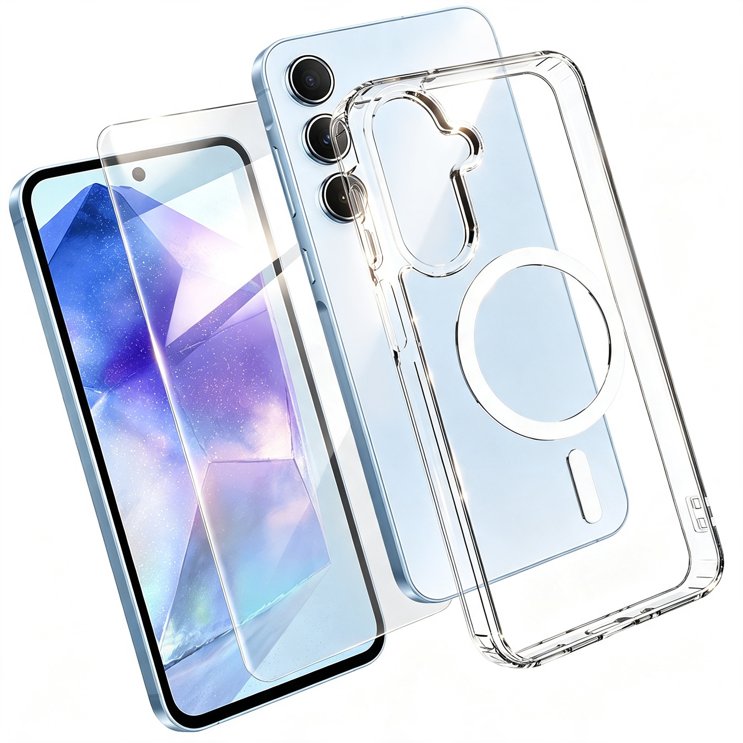 For Samsung Galaxy A55 5G Magnetic Case TPU+PC Transparent Phone Cover with High Aluminium-silicon Glass Screen Protector - Transparent