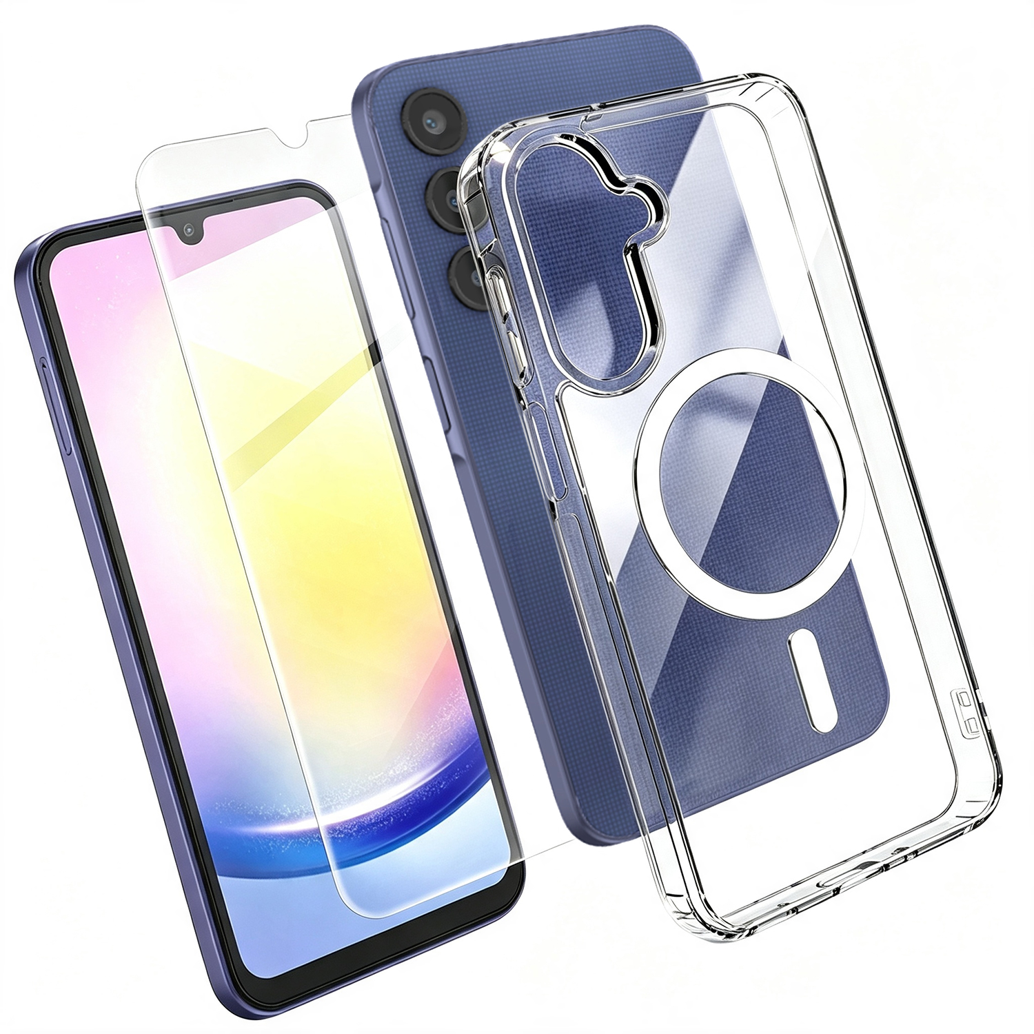 For Samsung Galaxy A25 5G (Global) (161mm) Magnetic Case TPU+PC Transparent Phone Cover with High Aluminium-silicon Glass Screen Protector - Transparent