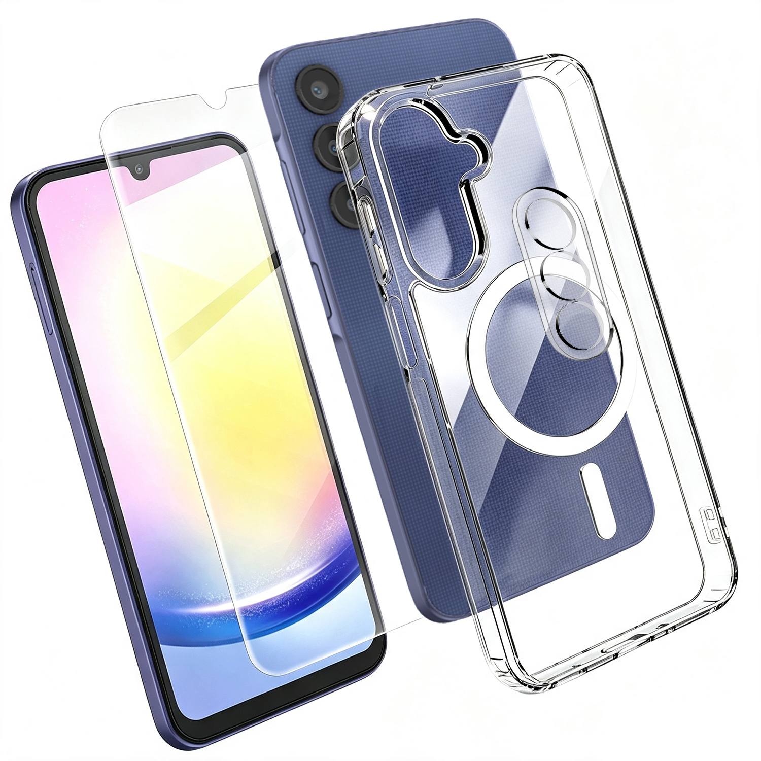 For Samsung Galaxy A25 5G (Global) (161mm) Magnetic Case TPU + PC Clear Phone Cover with High Aluminium-silicon Glass Screen Protector + Tempered Glass Lens Protector - Transparent