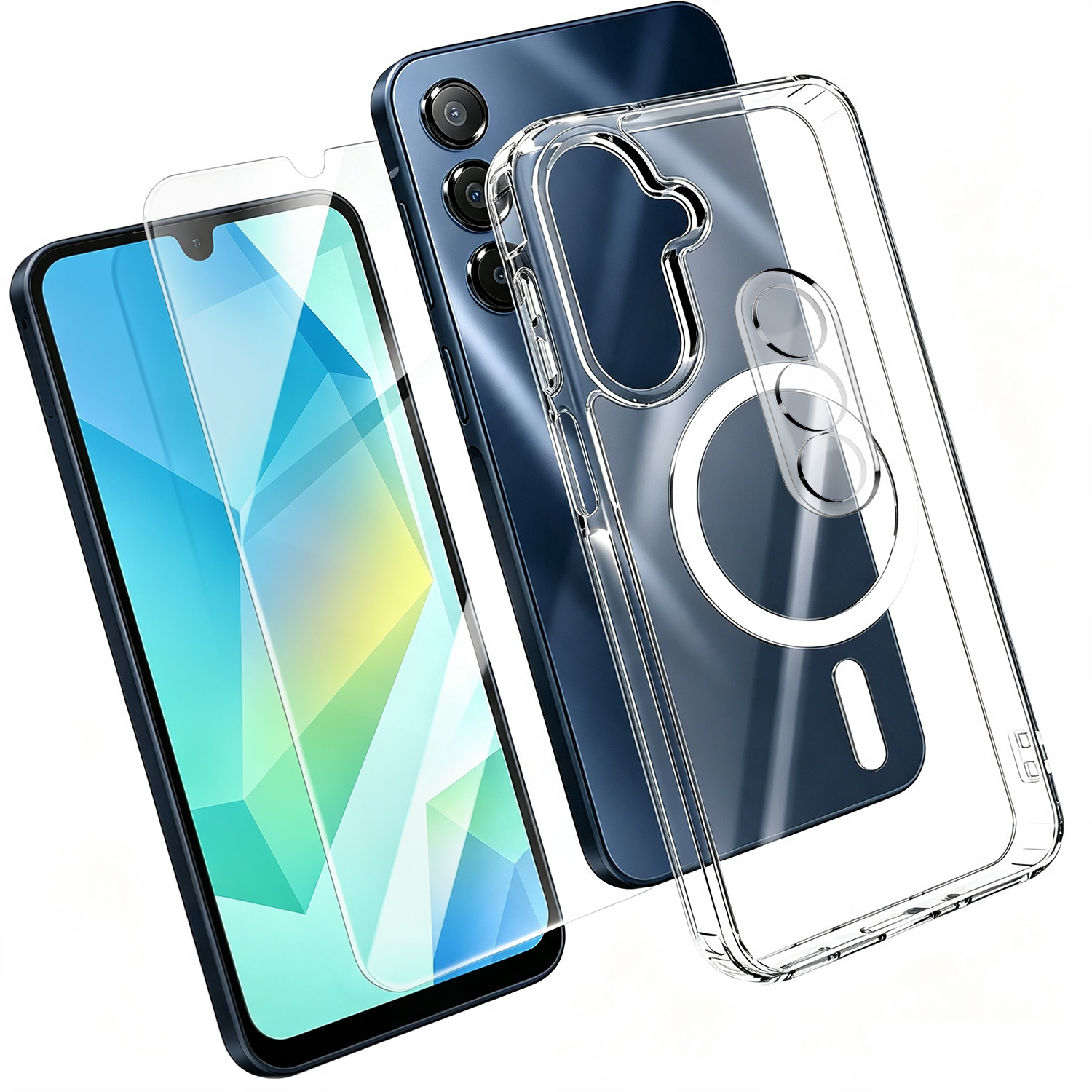 For Samsung Galaxy A16 4G / Galaxy A16 5G Magnetic Case TPU + PC Clear Phone Cover with High Aluminium-silicon Glass Screen Protector + Tempered Glass Lens Protector - Transparent