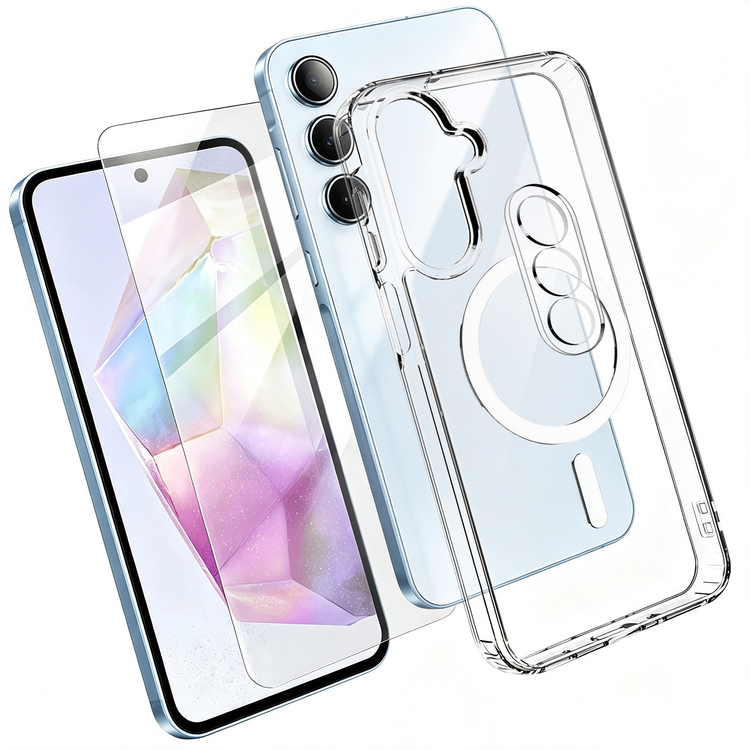 For Samsung Galaxy A35 5G Magnetic Case TPU + PC Clear Phone Cover with High Aluminium-silicon Glass Screen Protector + Tempered Glass Lens Protector - Transparent