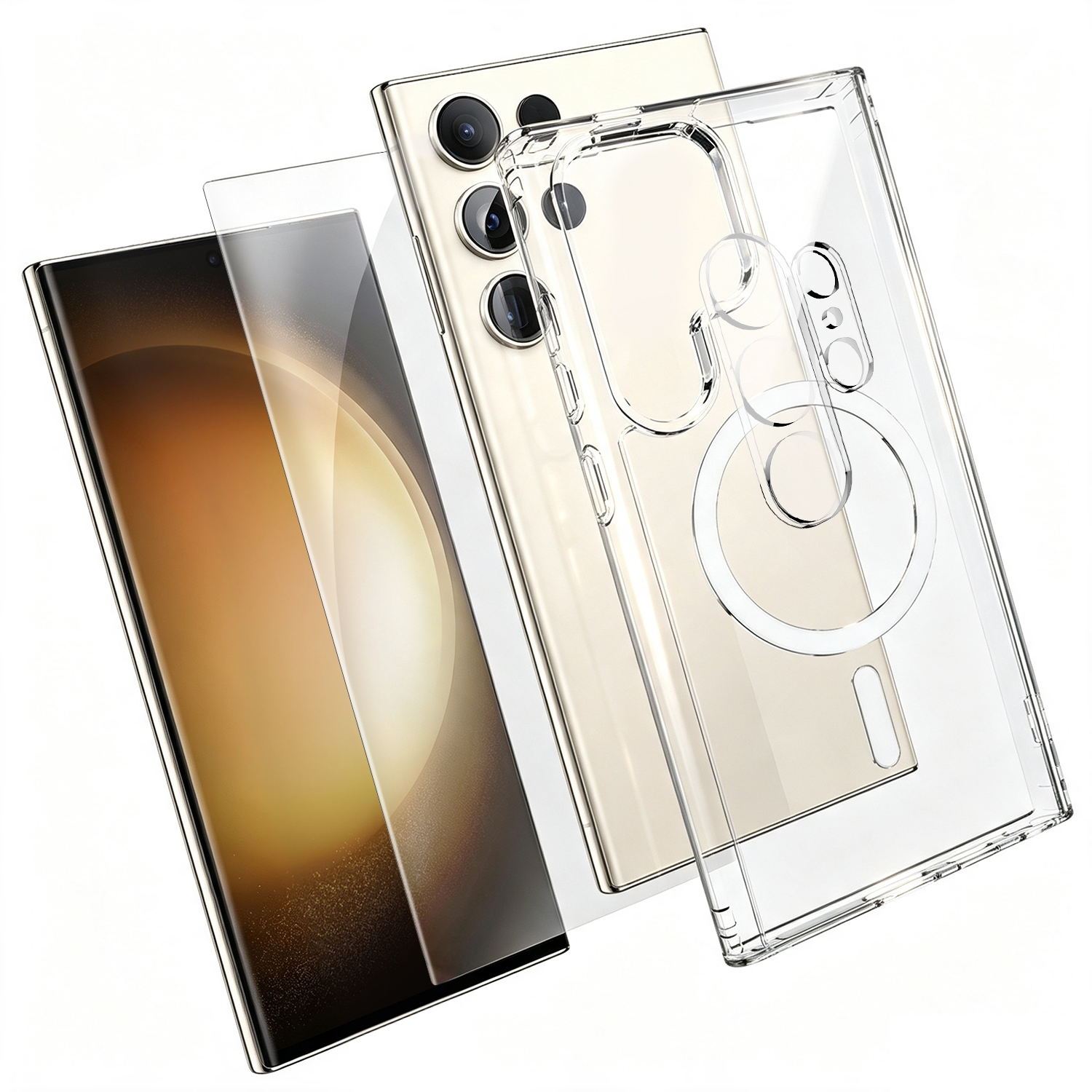 For Samsung Galaxy S23 Ultra Magnetic Case TPU + PC Clear Phone Cover with High Aluminium-silicon Glass Screen Protector + Tempered Glass Lens Protector - Transparent