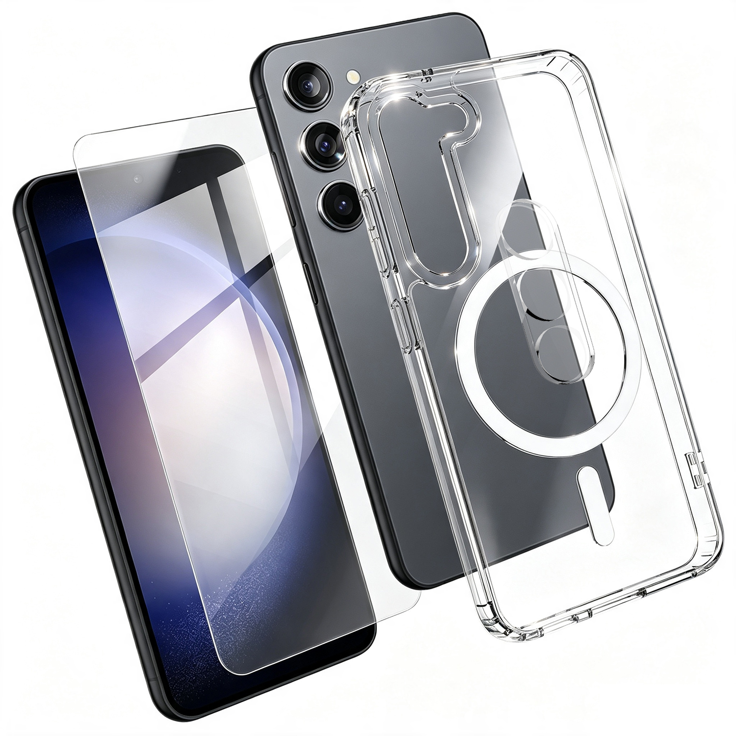 For Samsung Galaxy S23+ Magnetic Case TPU + PC Clear Phone Cover with High Aluminium-silicon Glass Screen Protector + Tempered Glass Lens Protector - Transparent