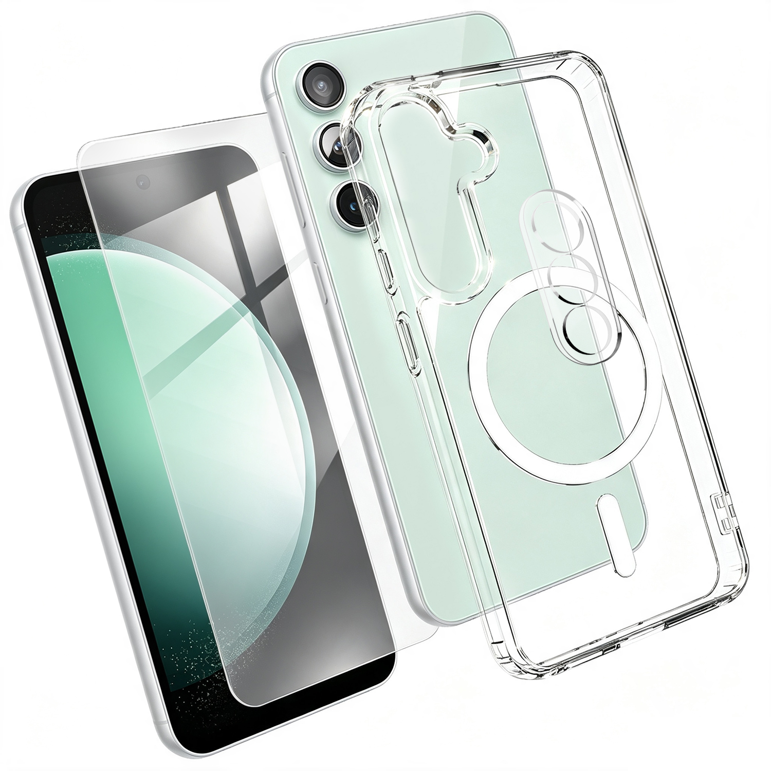 For Samsung Galaxy S23 FE Magnetic Case TPU + PC Clear Phone Cover with High Aluminium-silicon Glass Screen Protector + Tempered Glass Lens Protector - Transparent
