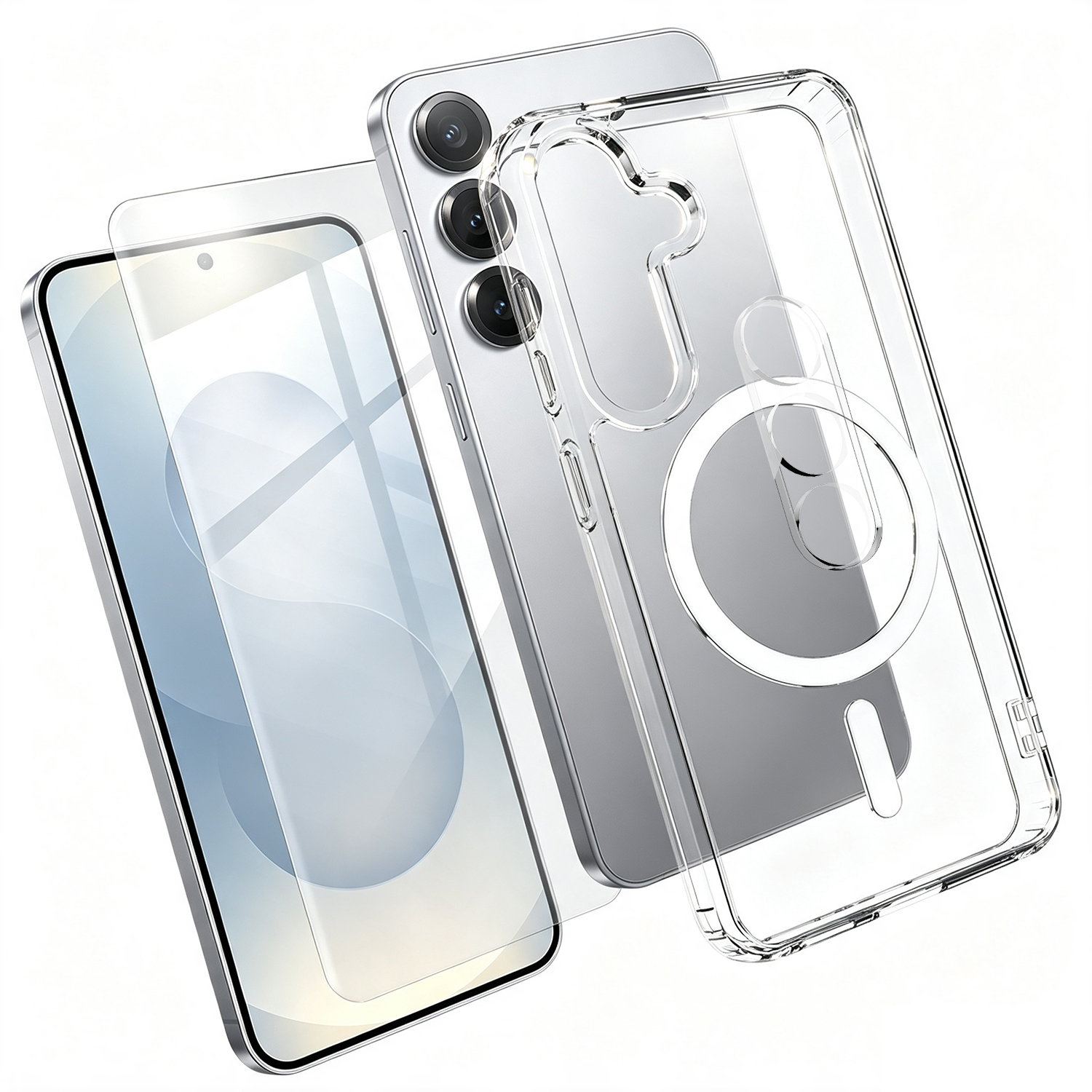 For Samsung Galaxy S25+ Magnetic Case TPU + PC Clear Phone Cover with High Aluminium-silicon Glass Screen Protector + Tempered Glass Lens Protector - Transparent