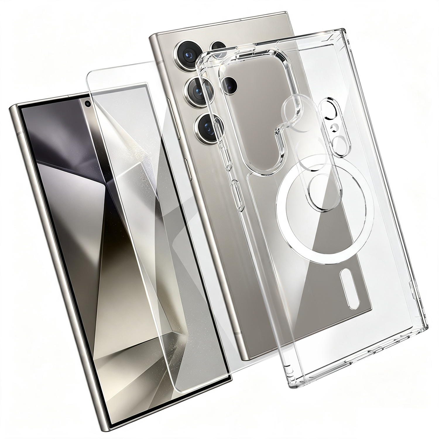 For Samsung Galaxy S24 Ultra Magnetic Case TPU + PC Clear Phone Cover with High Aluminium-silicon Glass Screen Protector + Tempered Glass Lens Protector - Transparent