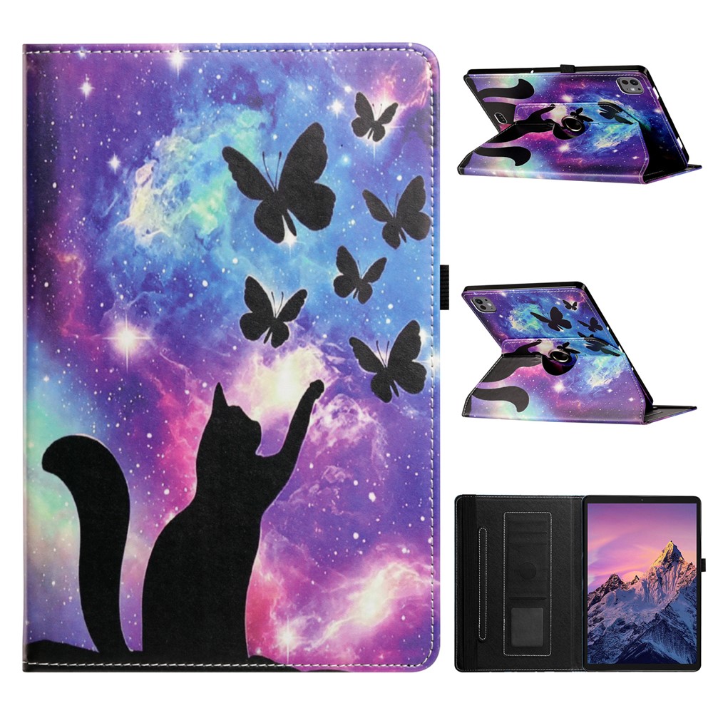 Tablet Case for iPad Air 11 (2026) / (2025) / (2024) / iPad Pro 11 (2025) / (2024) / (2022) / (2021) / (2020) / (2018) / Air (2022) / (2020) , Rotation Stand Pattern PU Leather + TPU Cover - Night Sky Cat and Butterfly