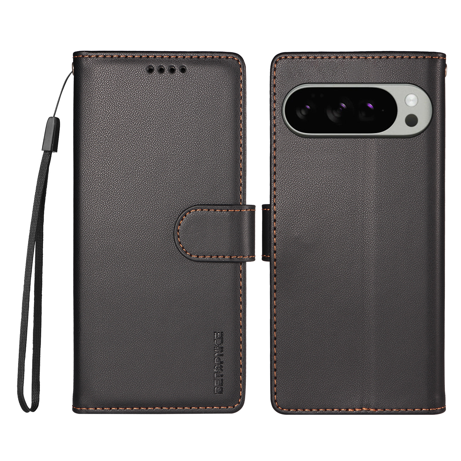 BETOPNICE for Google Pixel 9 Pro XL / Google Pixel 10 Pro XL / Google Pixel 11 Pro XL 006 Case RFID Blocking Wallet Stand Leather Phone Cover with Wrist Strap - Black