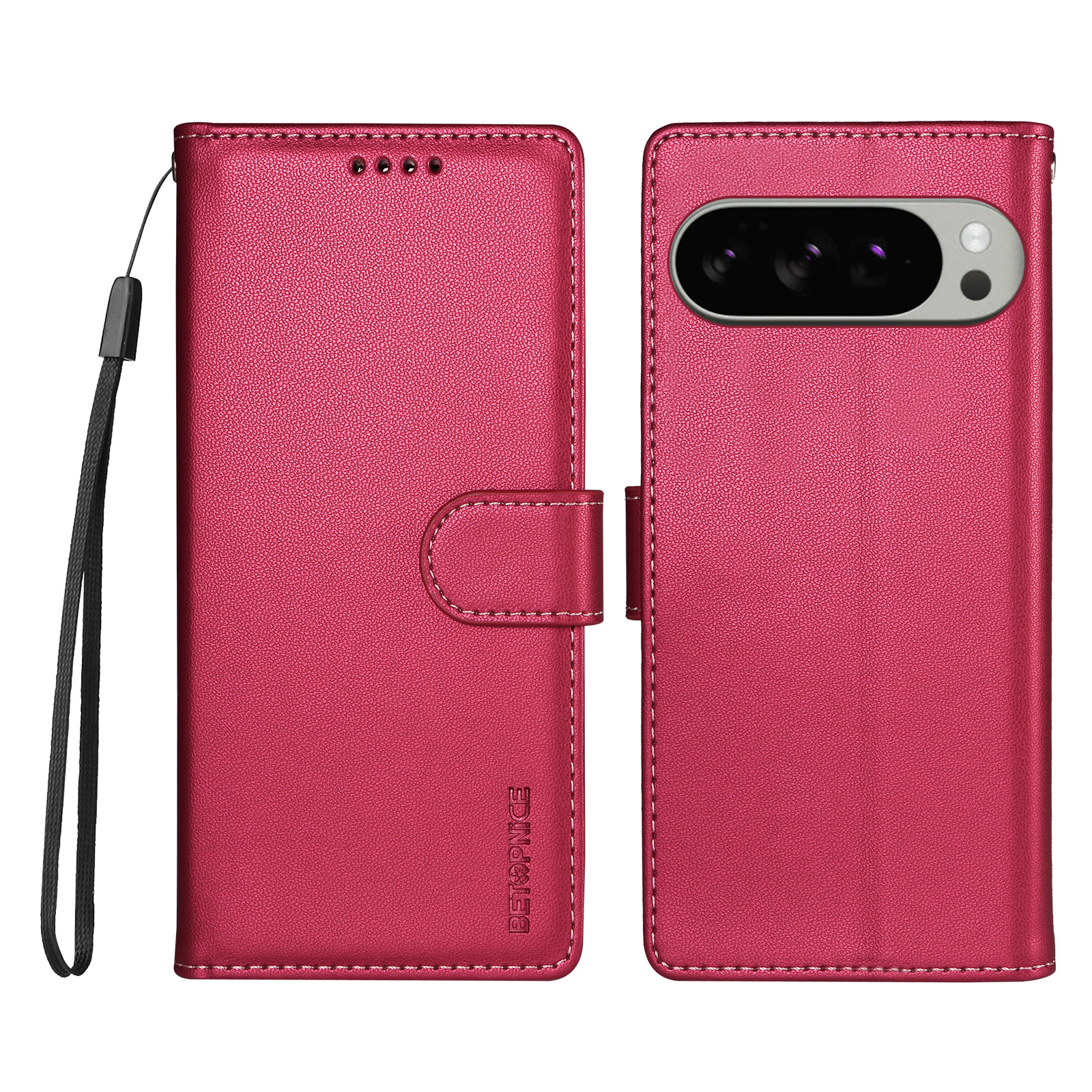 BETOPNICE for Google Pixel 9 Pro XL / Google Pixel 10 Pro XL / Google Pixel 11 Pro XL 006 Case RFID Blocking Wallet Stand Leather Phone Cover with Wrist Strap - Rose