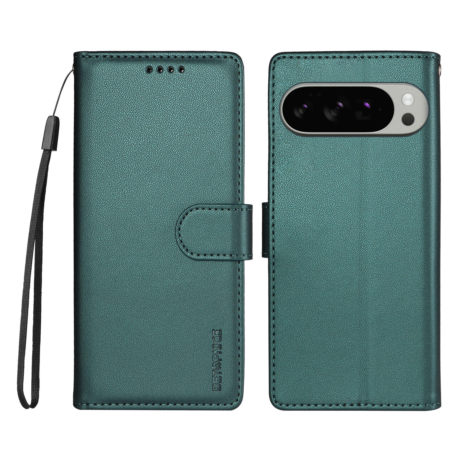BETOPNICE for Google Pixel 9 Pro XL / Google Pixel 10 Pro XL / Google Pixel 11 Pro XL 006 Case RFID Blocking Wallet Stand Leather Phone Cover with Wrist Strap - Green