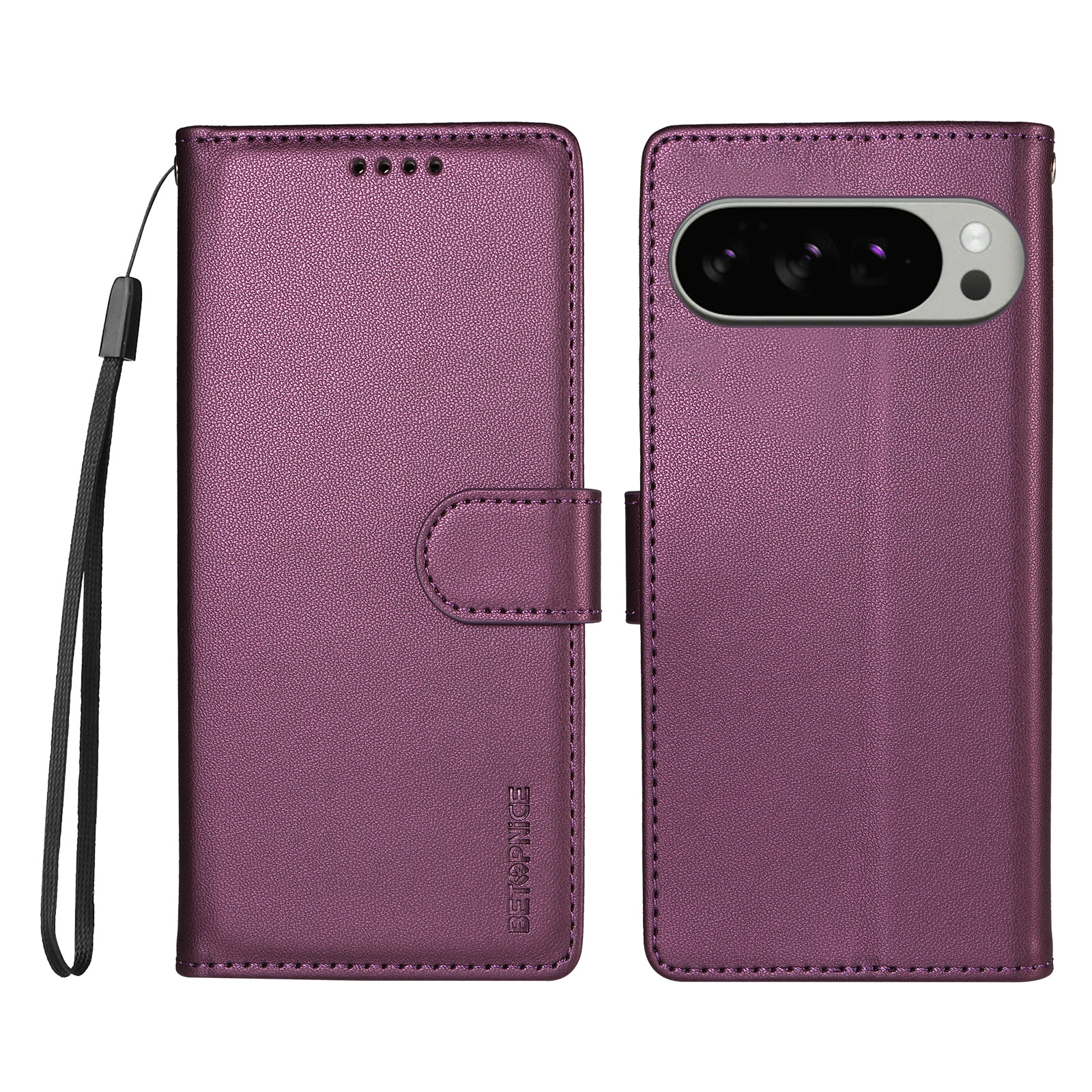 BETOPNICE for Google Pixel 9 Pro XL / Google Pixel 10 Pro XL / Google Pixel 11 Pro XL 006 Case RFID Blocking Wallet Stand Leather Phone Cover with Wrist Strap - Purple