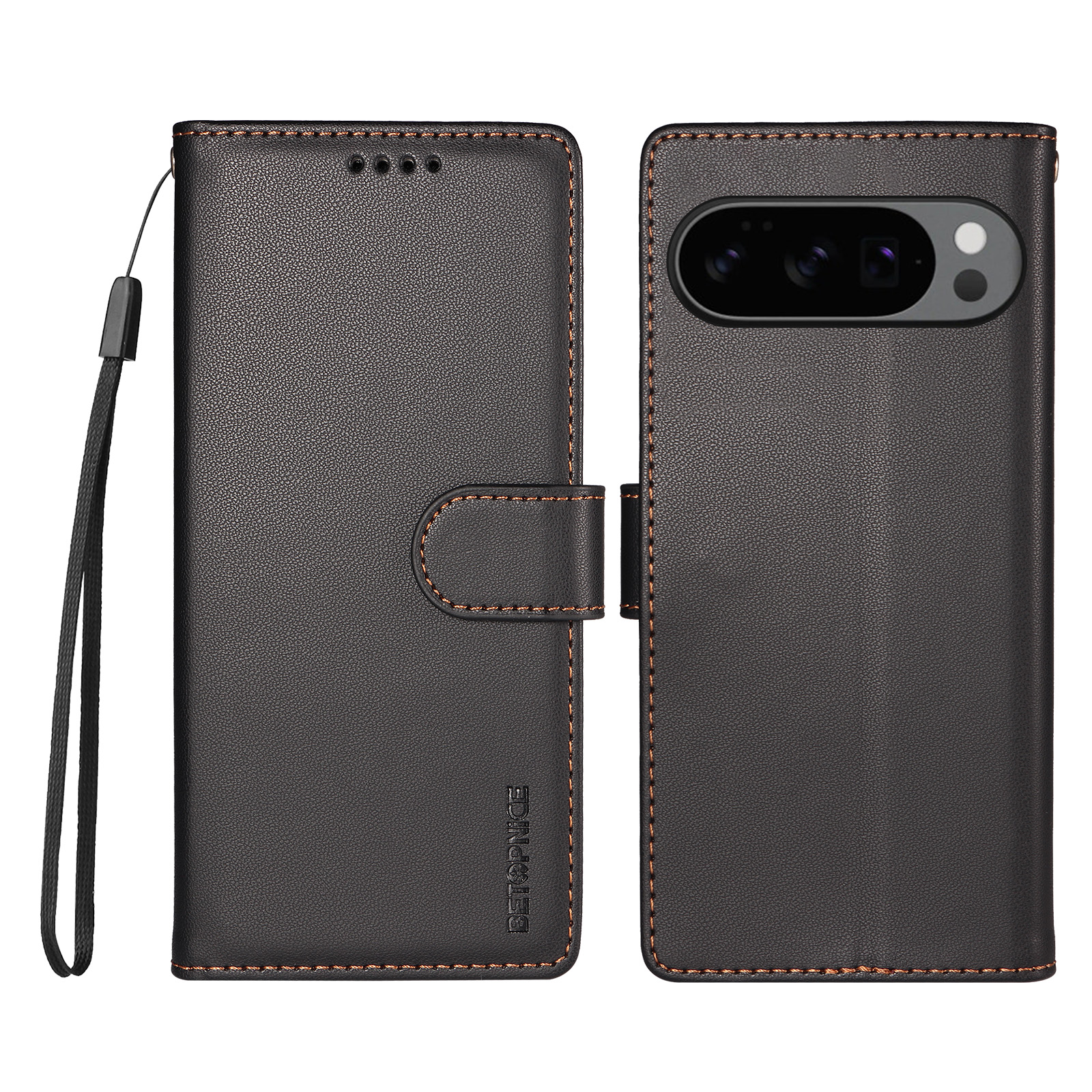 BETOPNICE for Google Pixel 11 Pro / Google Pixel 9 / Google Pixel 9 Pro / Google Pixel 10 / Google Pixel 10 Pro / Google Pixel 11 006 Case RFID Blocking Wallet Stand Leather Phone Cover with Wrist Strap - Black