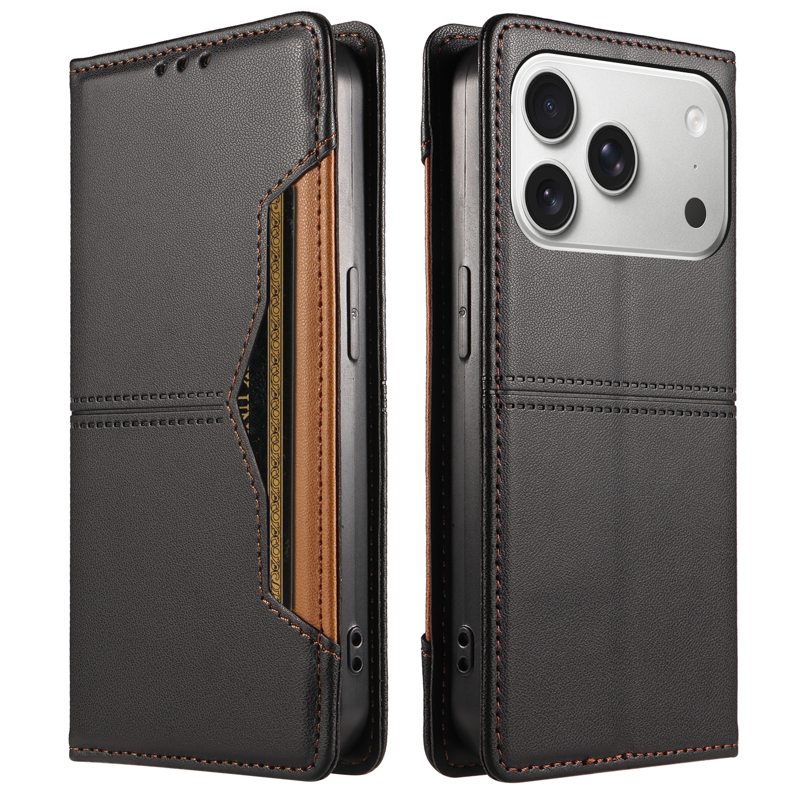 For iPhone 18 Pro / iPhone 17 Pro Wallet Case External Card Slot Magnetic Closing Leather Phone Cover - Black