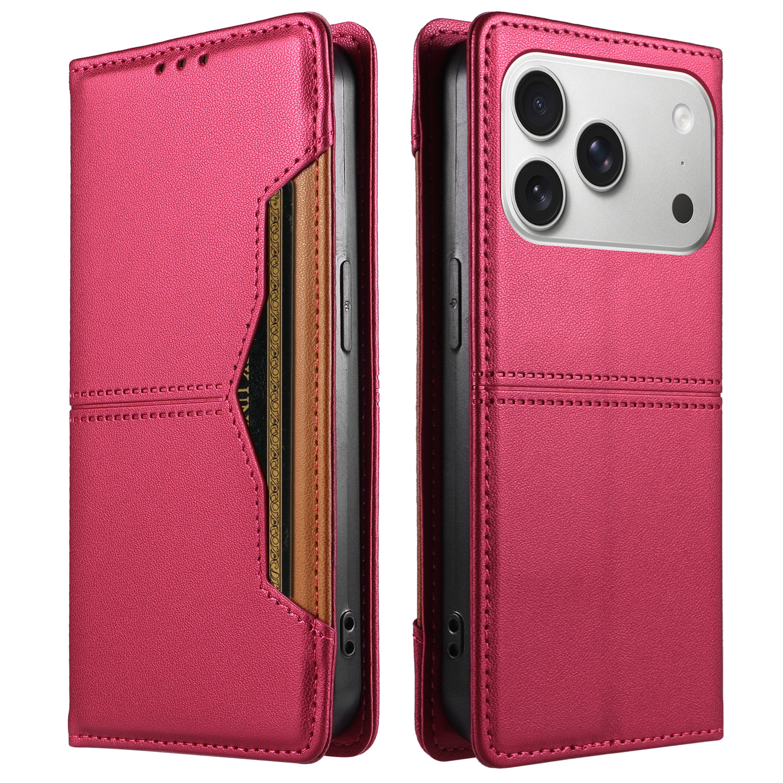 For iPhone 18 Pro / iPhone 17 Pro Wallet Case External Card Slot Magnetic Closing Leather Phone Cover - Rose