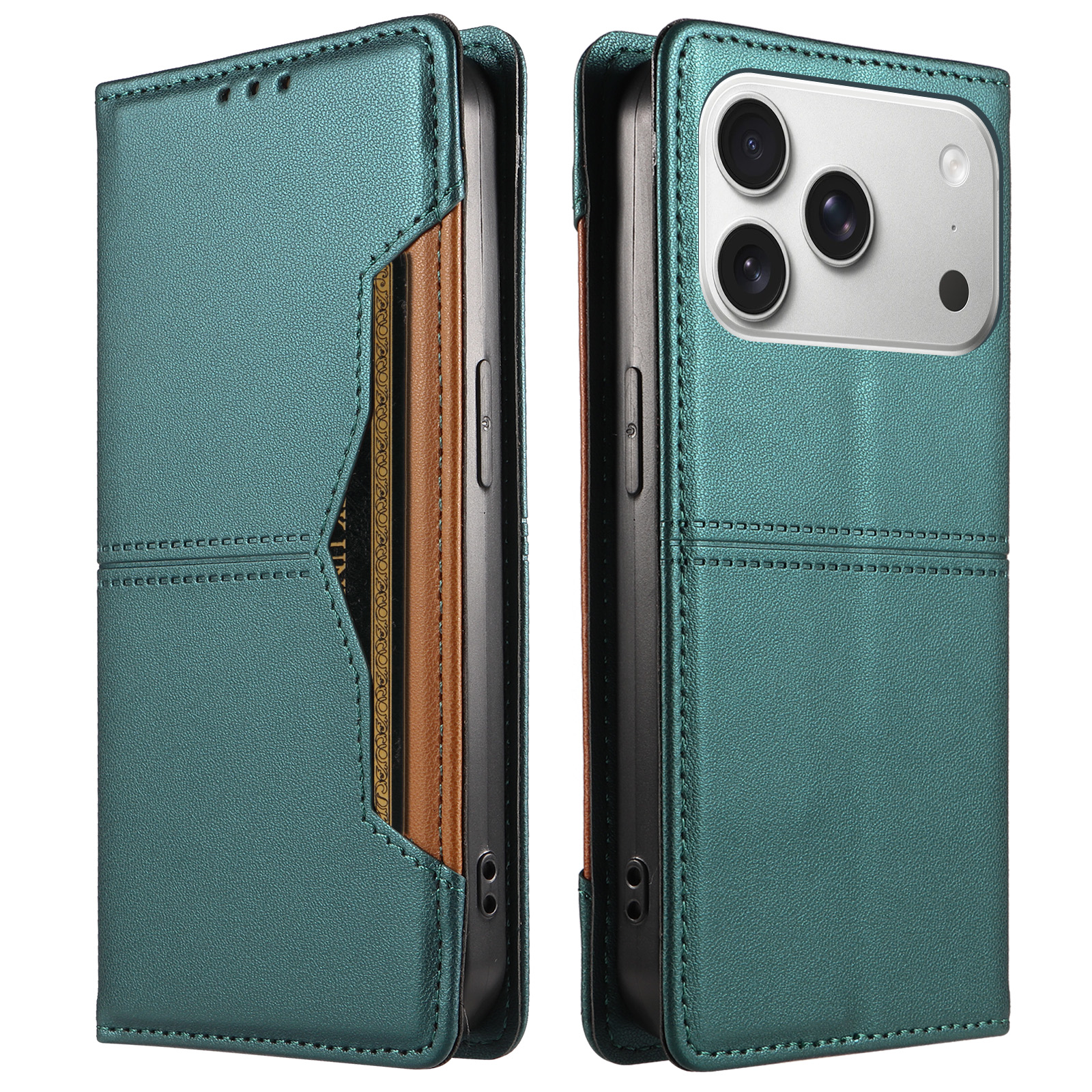 For iPhone 18 Pro / iPhone 17 Pro Wallet Case External Card Slot Magnetic Closing Leather Phone Cover - Green
