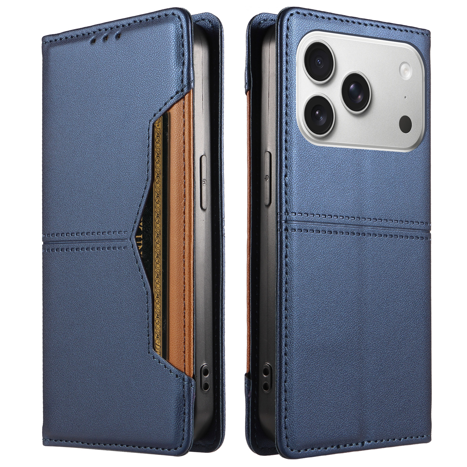 For iPhone 18 Pro / iPhone 17 Pro Wallet Case External Card Slot Magnetic Closing Leather Phone Cover - Blue