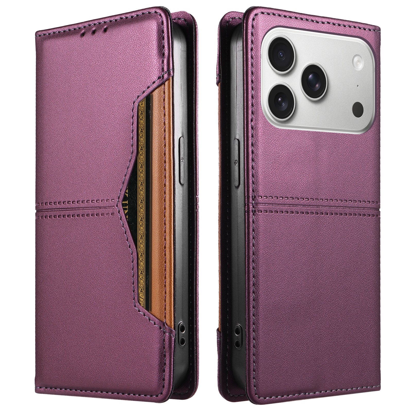 For iPhone 18 Pro / iPhone 17 Pro Wallet Case External Card Slot Magnetic Closing Leather Phone Cover - Purple