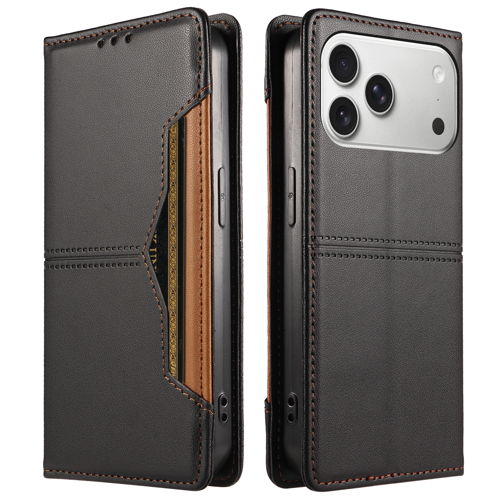 For iPhone 18 Pro Max / iPhone 17 Pro Max Wallet Case External Card Slot Magnetic Closing Leather Phone Cover - Black