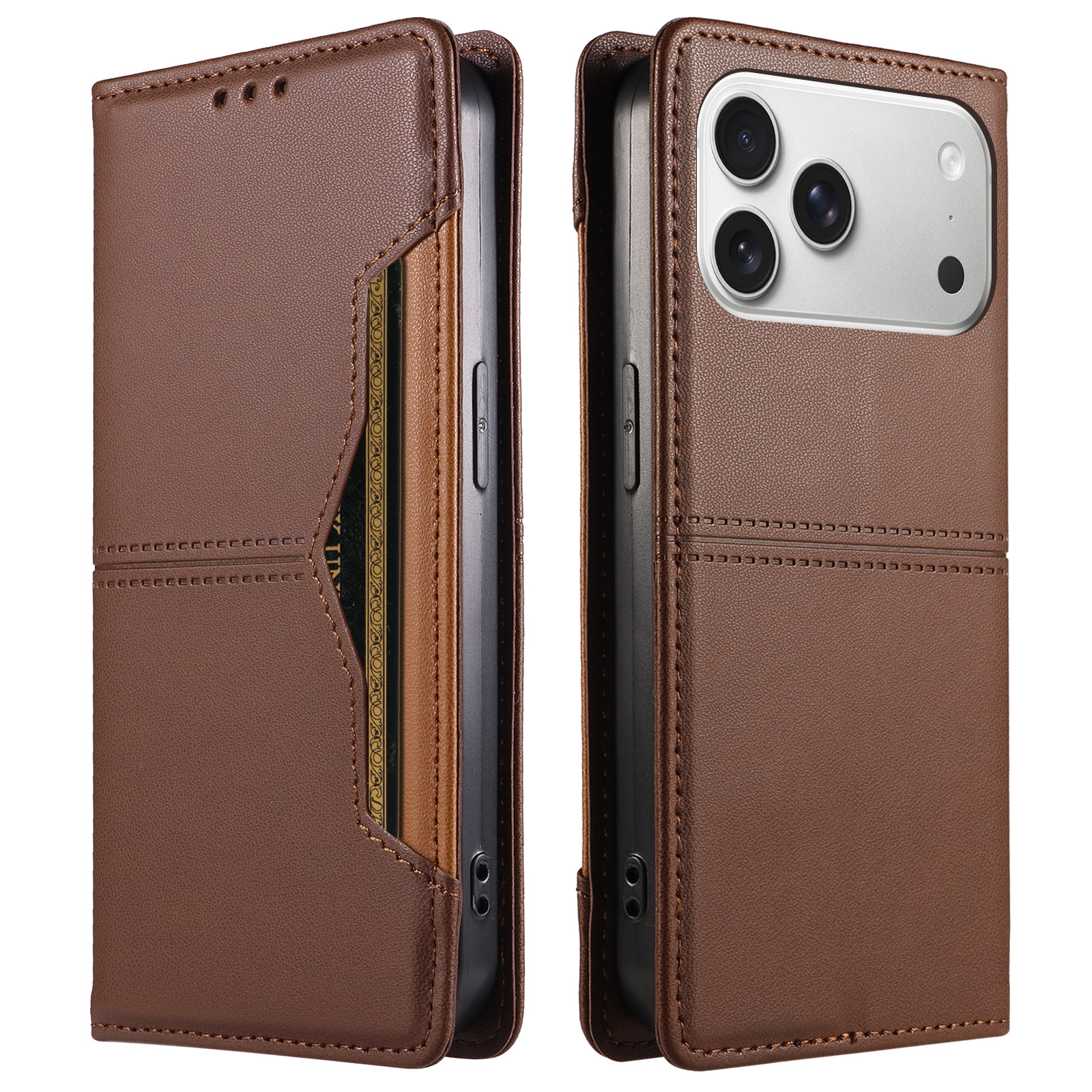 For iPhone 18 Pro Max / iPhone 17 Pro Max Wallet Case External Card Slot Magnetic Closing Leather Phone Cover - Brown