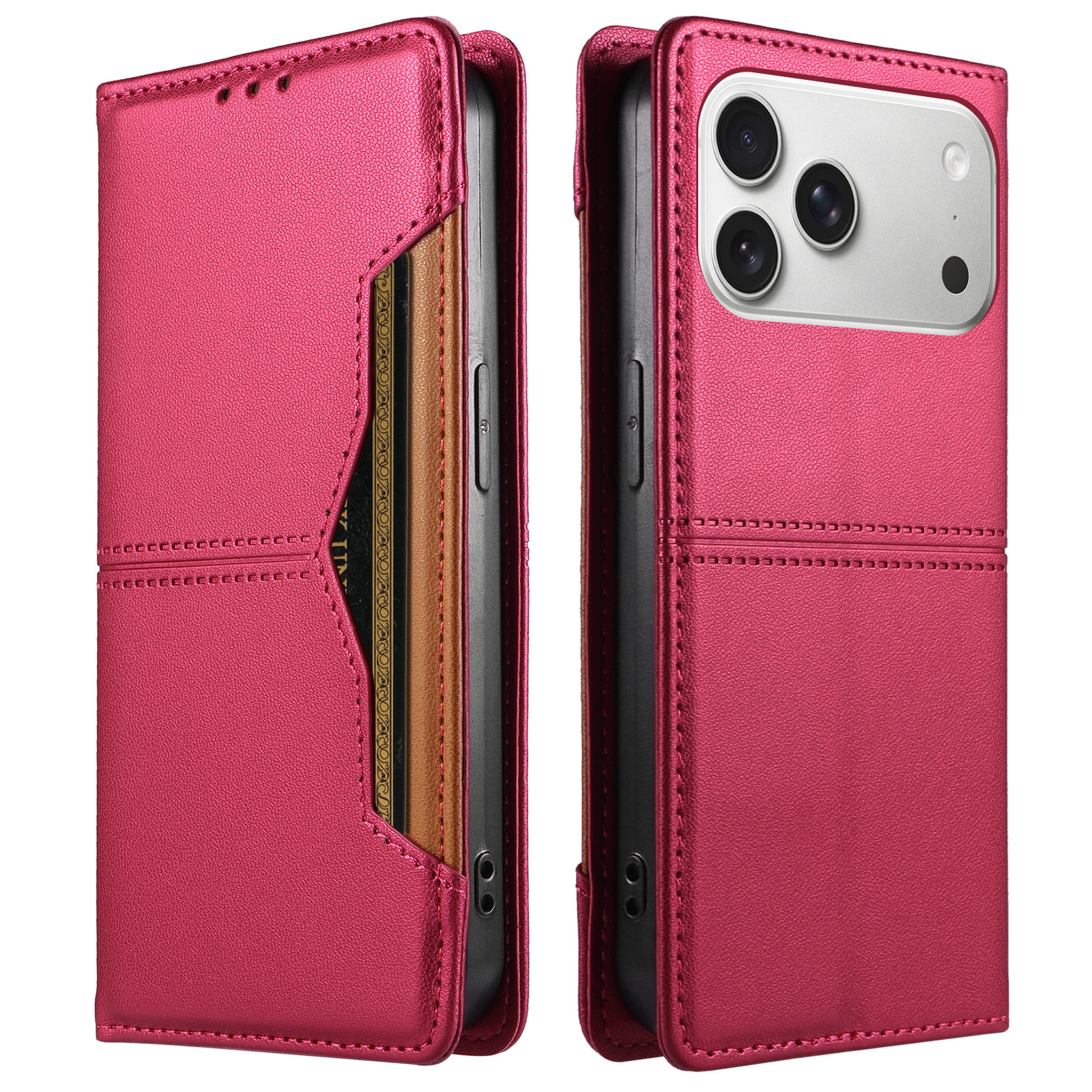 For iPhone 18 Pro Max / iPhone 17 Pro Max Wallet Case External Card Slot Magnetic Closing Leather Phone Cover - Rose