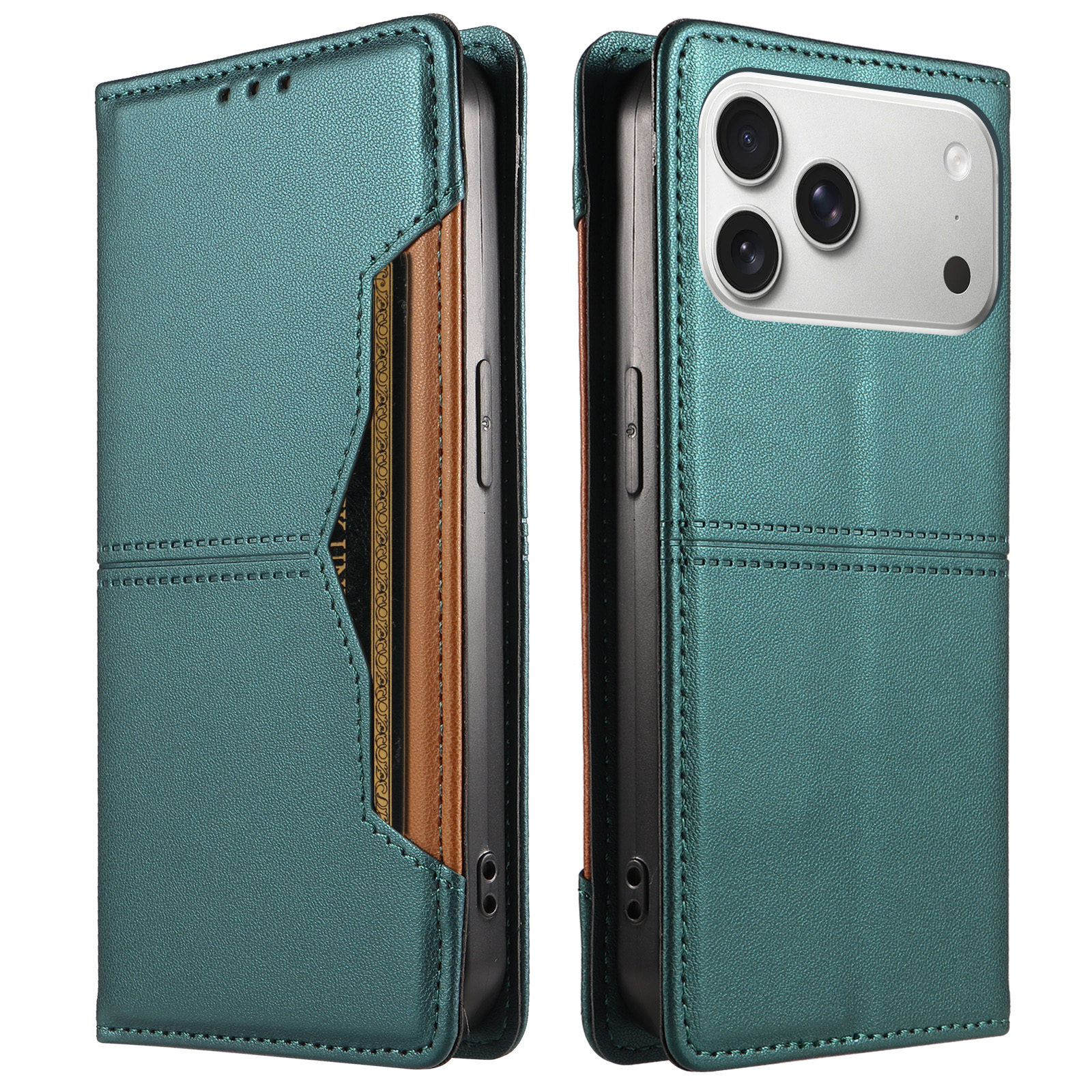 For iPhone 18 Pro Max / iPhone 17 Pro Max Wallet Case External Card Slot Magnetic Closing Leather Phone Cover - Green