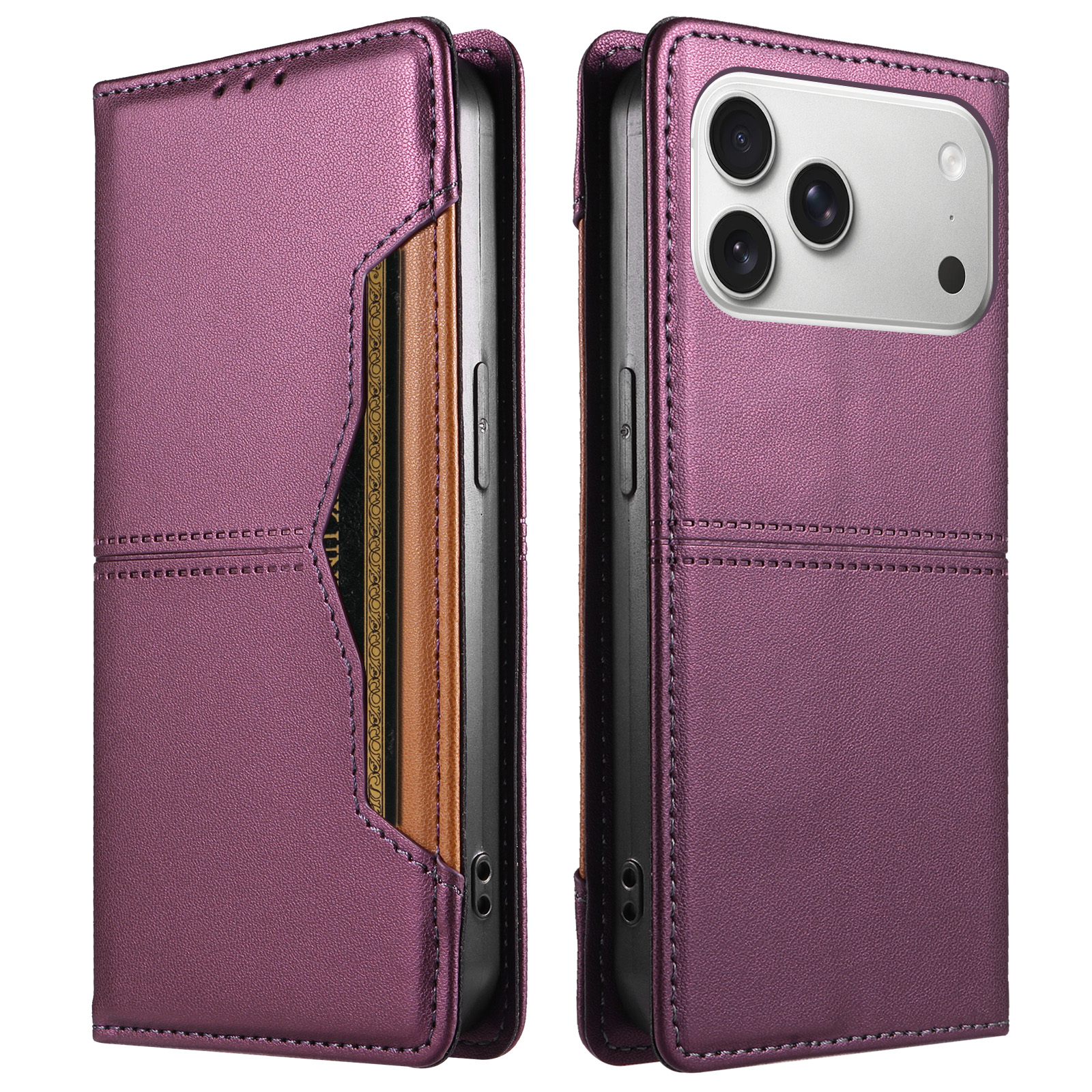 For iPhone 18 Pro Max / iPhone 17 Pro Max Wallet Case External Card Slot Magnetic Closing Leather Phone Cover - Purple