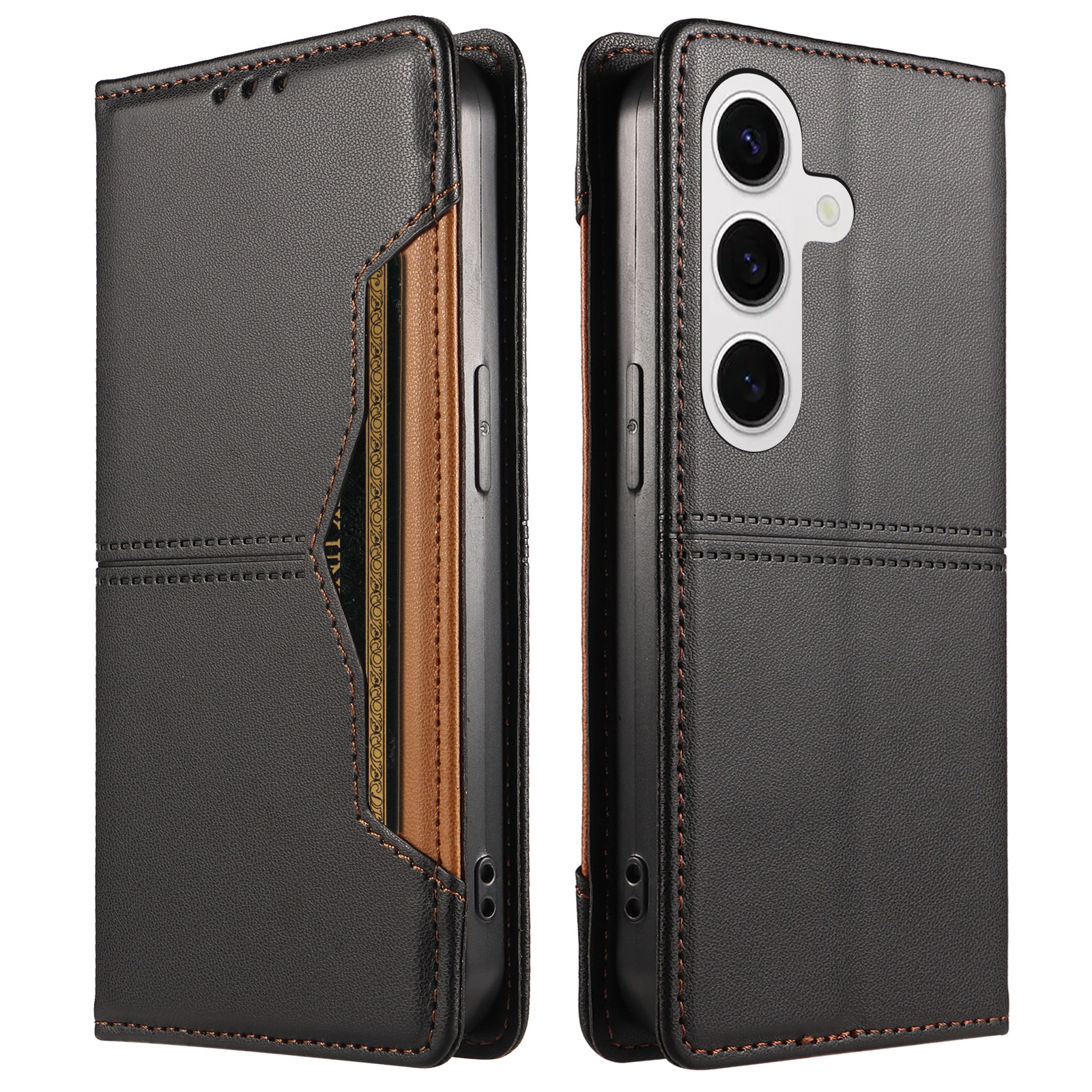 For Samsung Galaxy S24+ / Galaxy S25+ Wallet Case External Card Slot Magnetic Closing Leather Phone Cover - Black