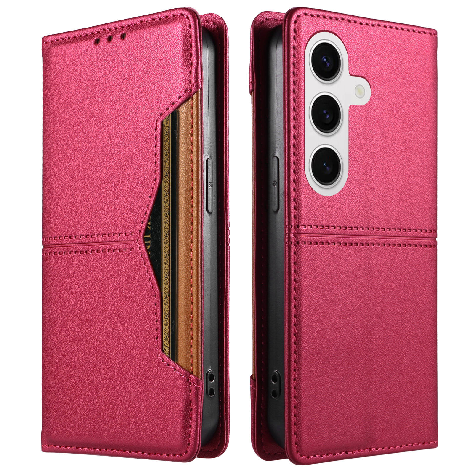 For Samsung Galaxy S24+ / Galaxy S25+ Wallet Case External Card Slot Magnetic Closing Leather Phone Cover - Rose