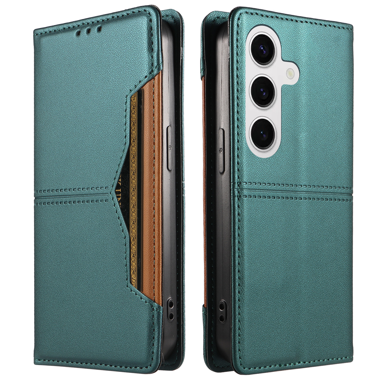 For Samsung Galaxy S24+ / Galaxy S25+ Wallet Case External Card Slot Magnetic Closing Leather Phone Cover - Green