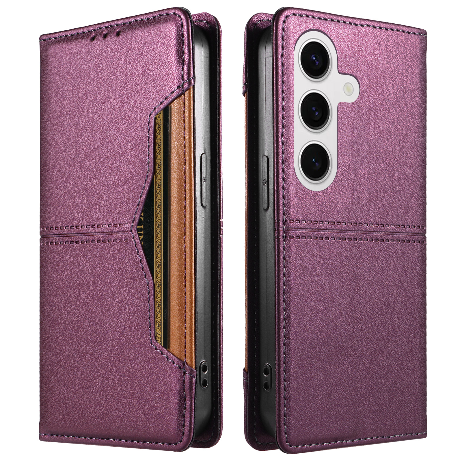 For Samsung Galaxy S24+ / Galaxy S25+ Wallet Case External Card Slot Magnetic Closing Leather Phone Cover - Purple