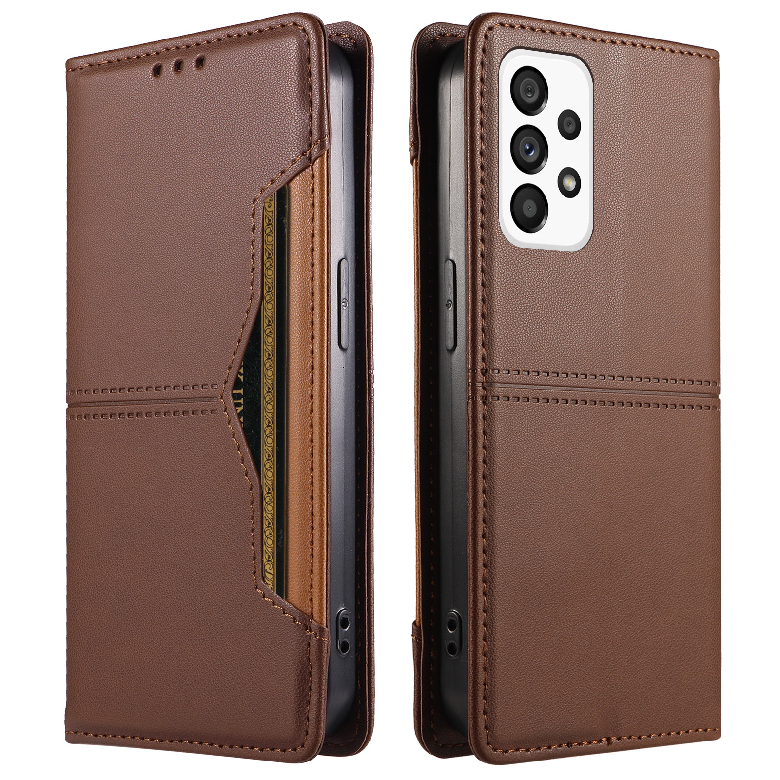 For Samsung Galaxy A53 5G Wallet Case External Card Slot Magnetic Closing Leather Phone Cover - Brown
