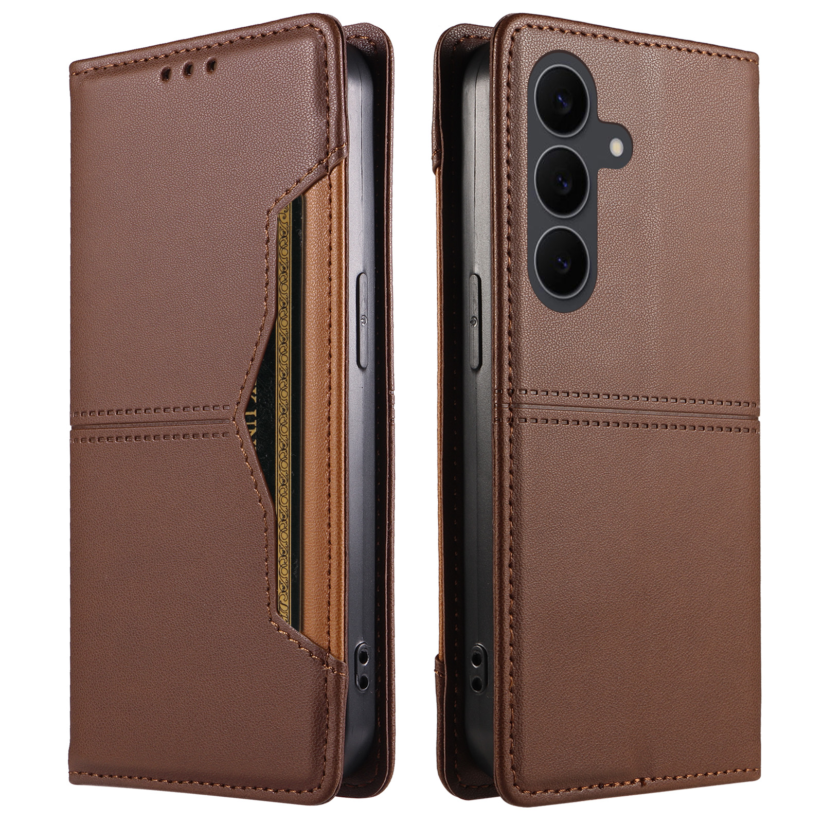 For Samsung Galaxy S24 FE Wallet Case External Card Slot Magnetic Closing Leather Phone Cover - Brown