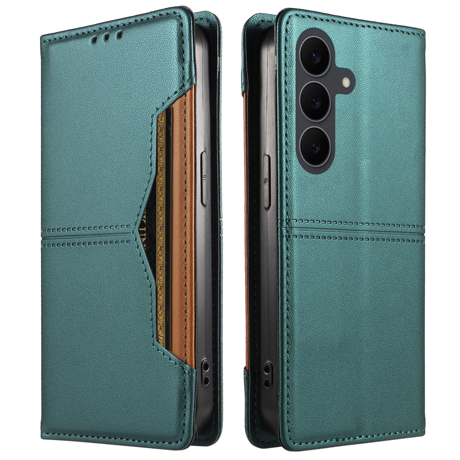 For Samsung Galaxy S24 FE Wallet Case External Card Slot Magnetic Closing Leather Phone Cover - Green