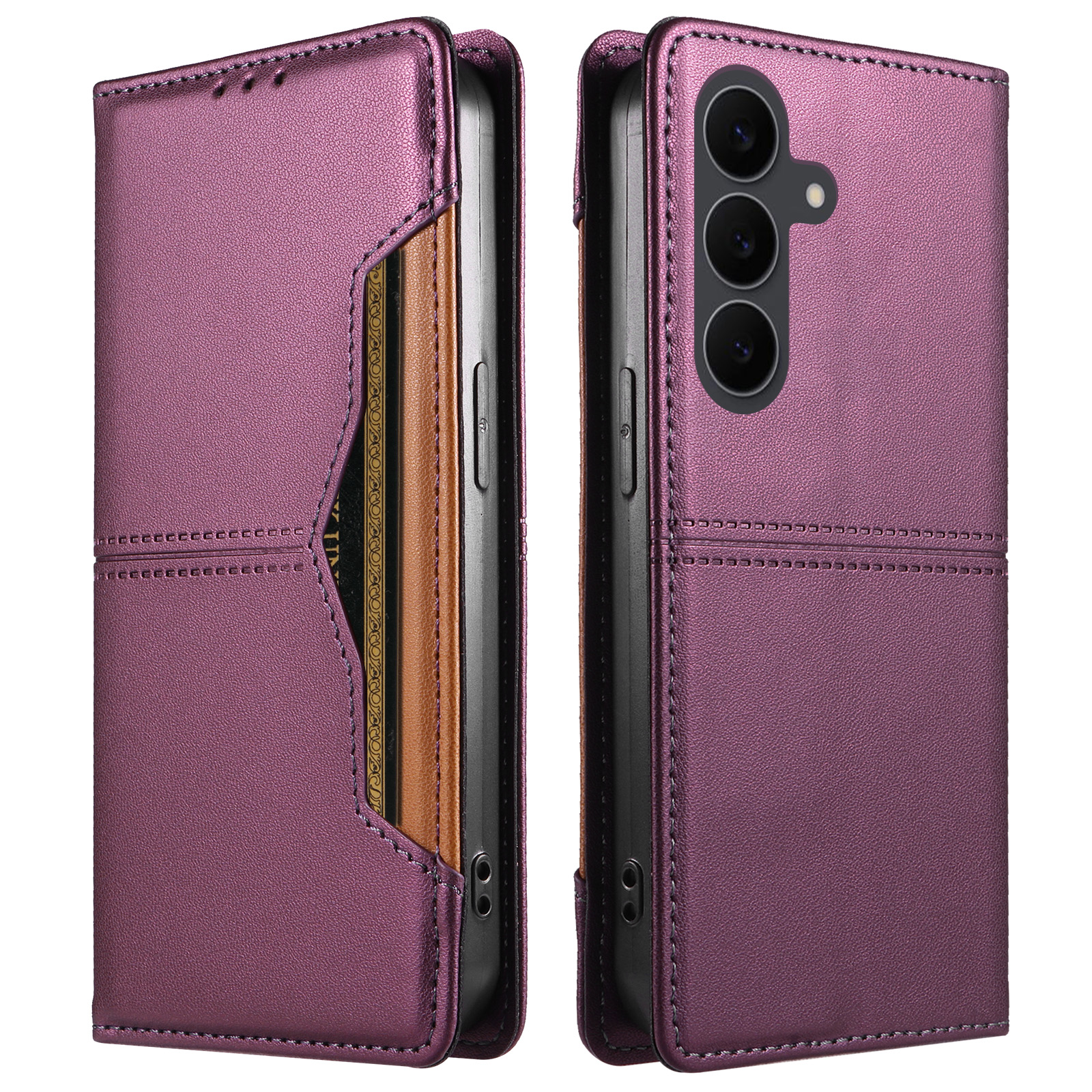 For Samsung Galaxy S24 FE Wallet Case External Card Slot Magnetic Closing Leather Phone Cover - Purple