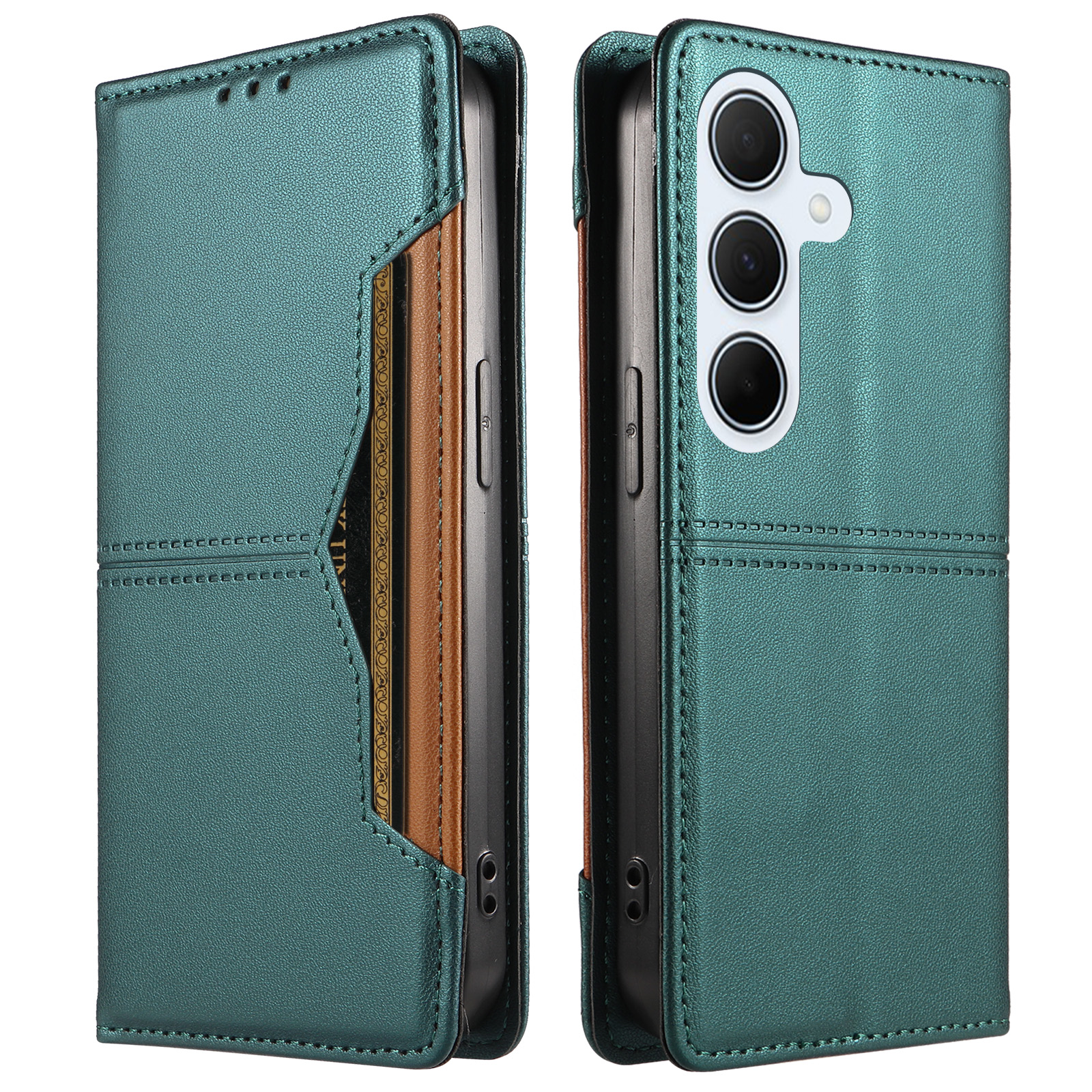 For Samsung Galaxy A35 5G Wallet Case External Card Slot Magnetic Closing Leather Phone Cover - Green