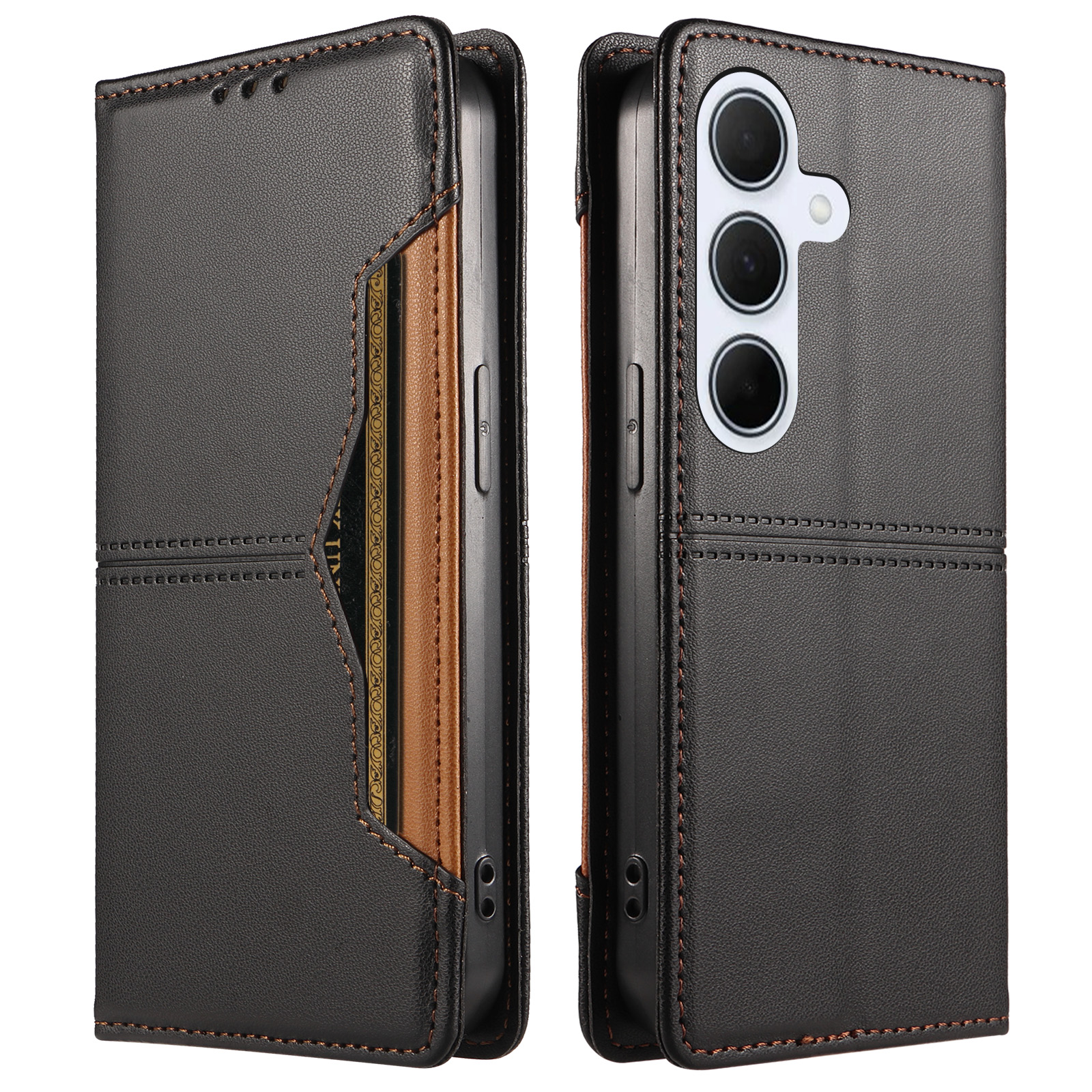 For Samsung Galaxy A55 5G Wallet Case External Card Slot Magnetic Closing Leather Phone Cover - Black