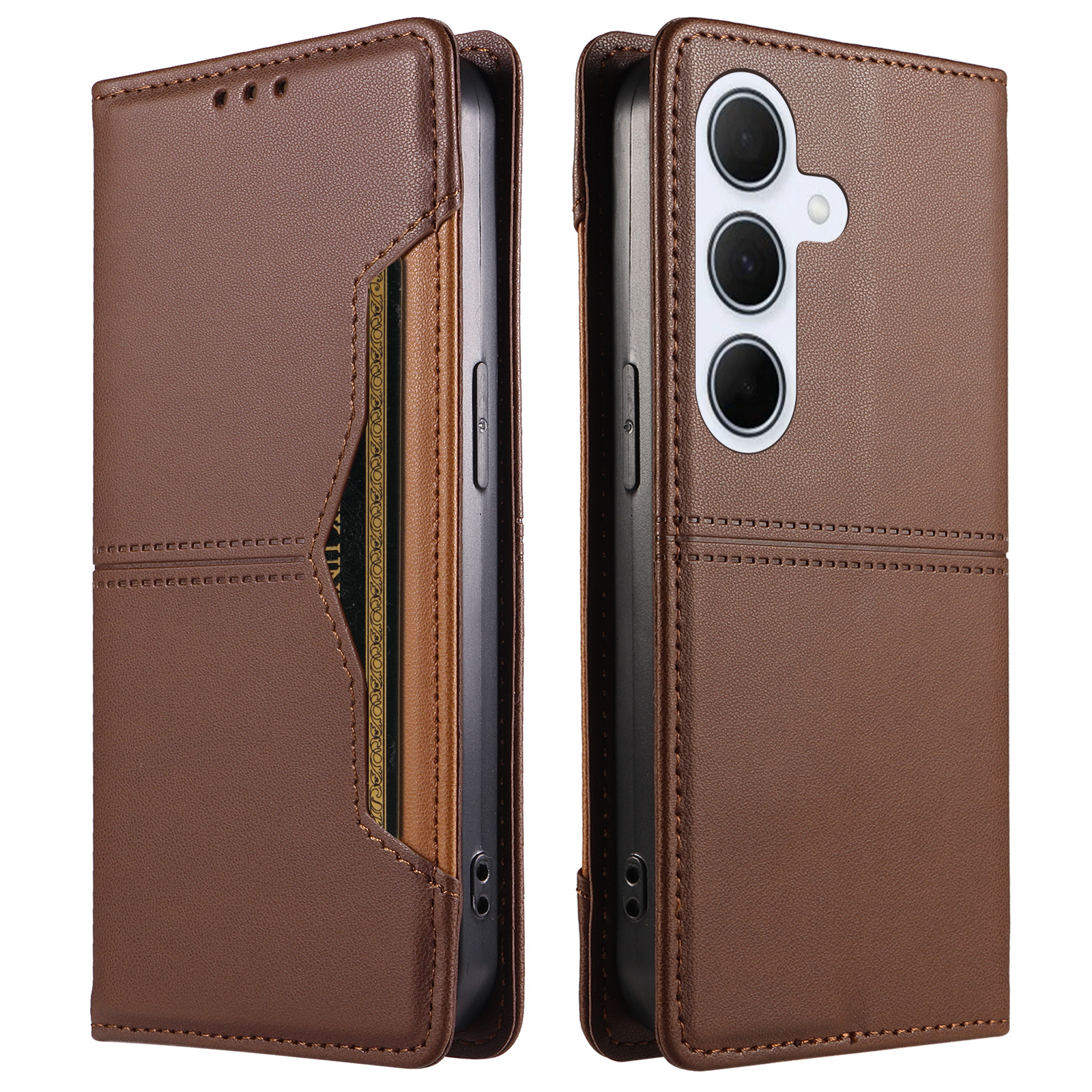 For Samsung Galaxy A55 5G Wallet Case External Card Slot Magnetic Closing Leather Phone Cover - Brown
